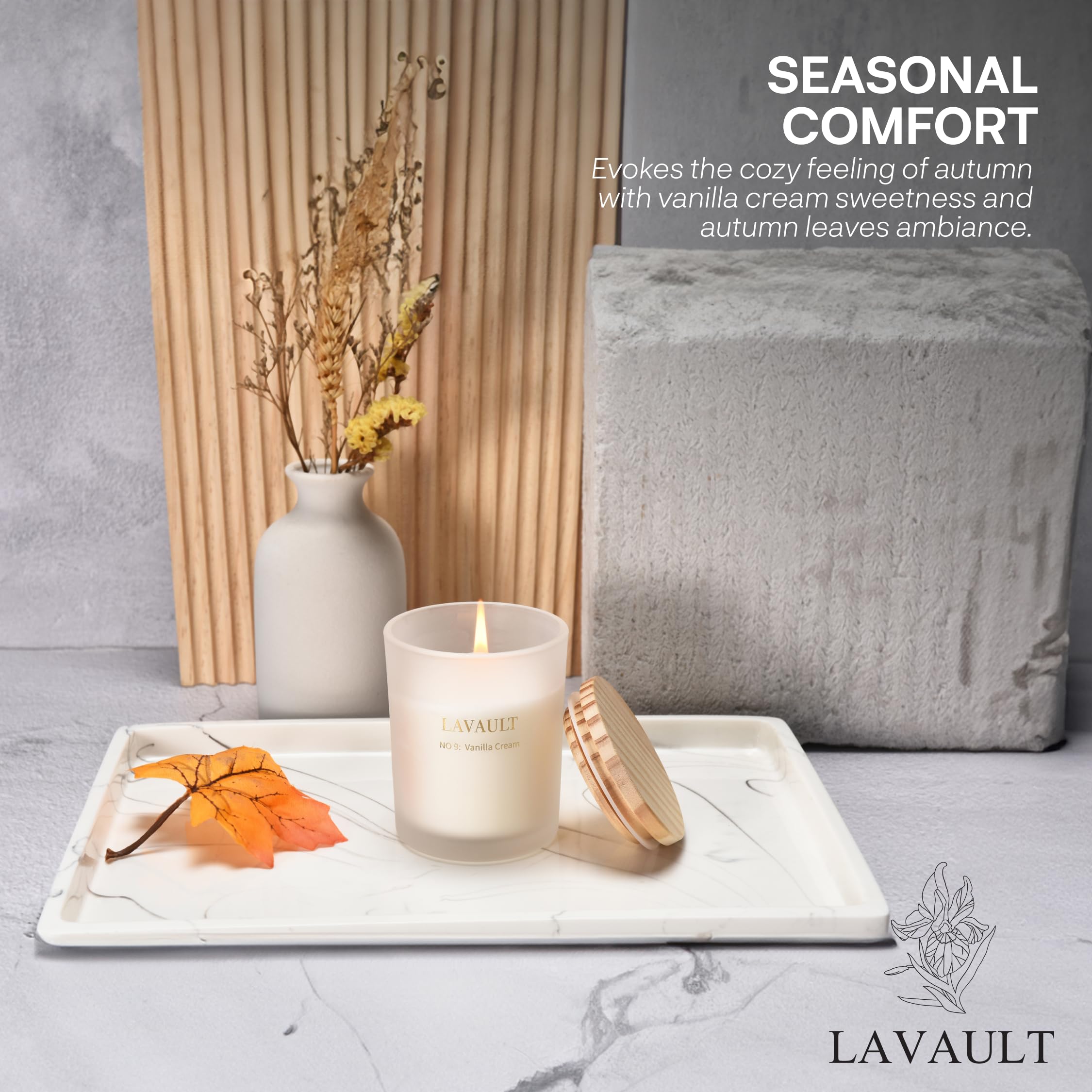 Lavault Strong Scented Candles with Wood lid- Naturally Candles for Bathroom and Home Decor- Relaxing Long Lasting Scented Made with Soy Wax and Essential Oils - Vanilla Cream