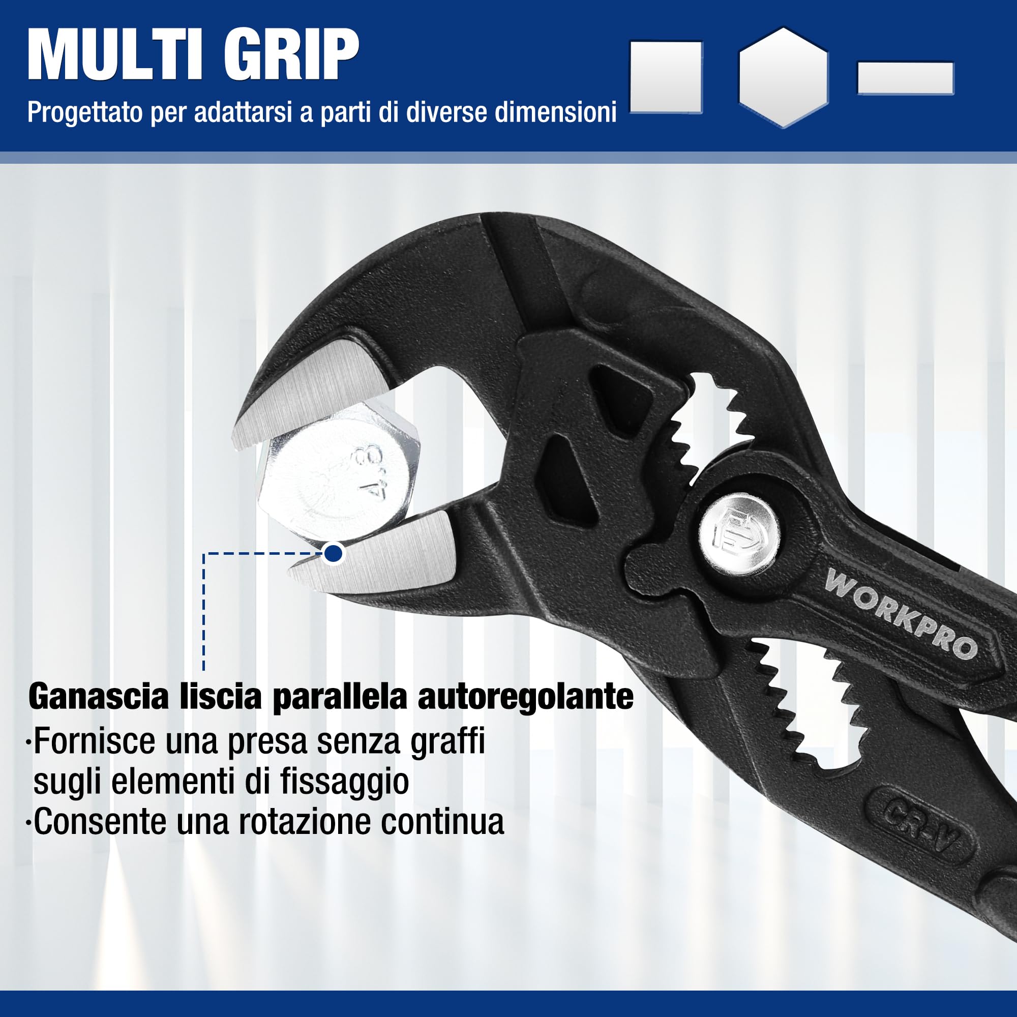 WORKPRO Pinza Chiave a 2 Pezzi, 180 mm/255 mm, Set di Pinze Cr-V, Chiave Regolabile, Pinza con Ganascia Autoregolante, Apertura Massima della Ganascia 40 mm/50 mm
