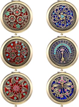 6 Pcs Vintage Foldable Metal Vanity Mirrors Travel Mirror Makeup Mirror Pocket Double Sided Compact Cosmetic Mirrors, Bronze