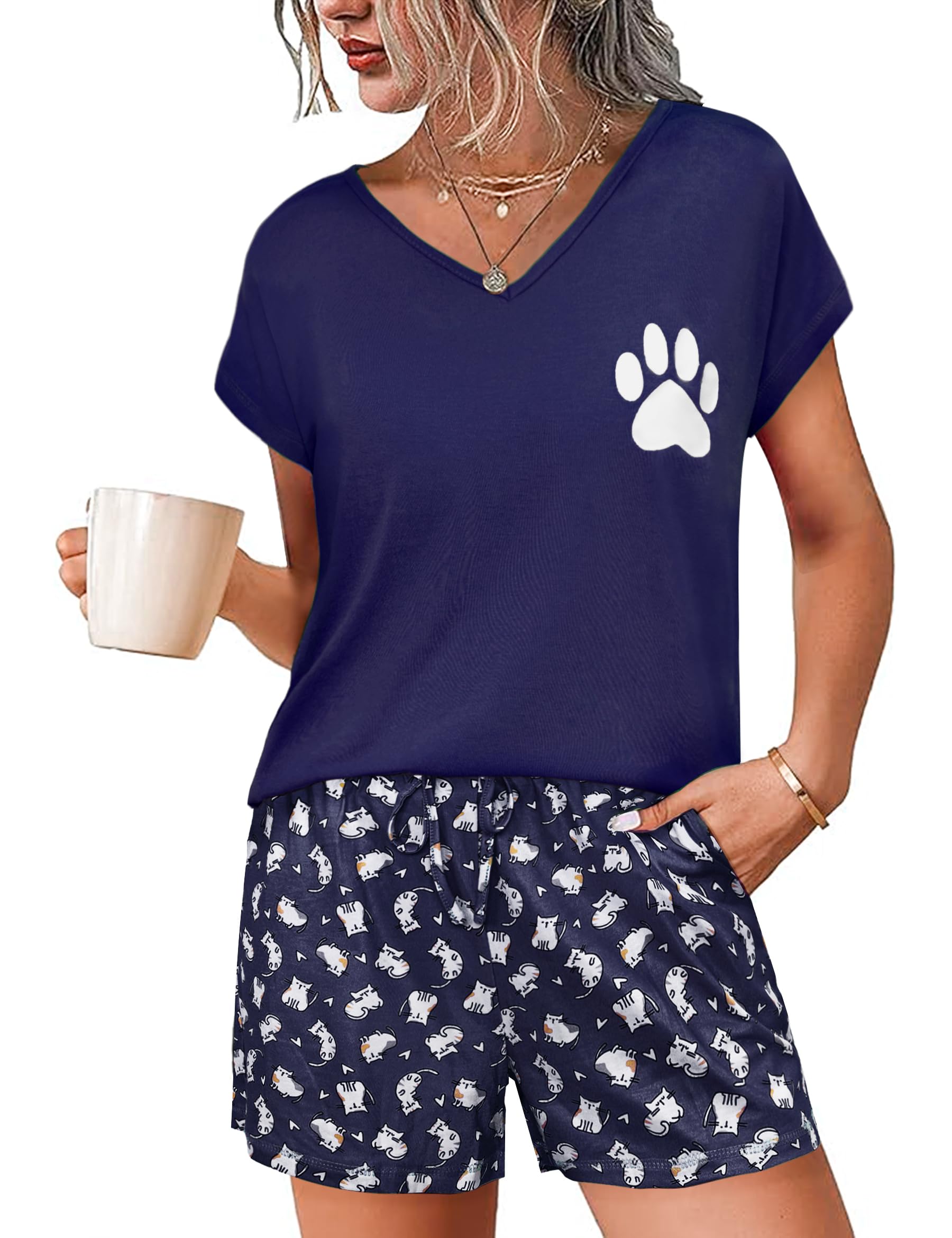 Jahetuul Pigiama Donna Corto Pigiama Estivo da Donna Pigiama per Donne Notte Carino con Gatto Abbigliamento Pigiama Corto Pantaloncini Maniche Corte