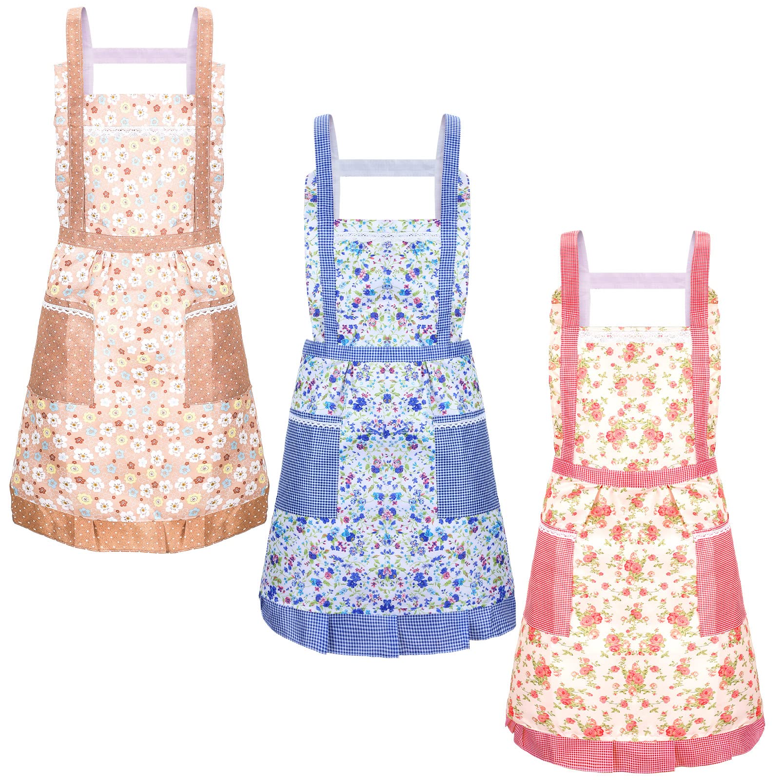 Zhanmai 3 Pcs Women Floral Aprons with Pocket Soft Kitchen Chef Aprons for Women Cooking Gardening