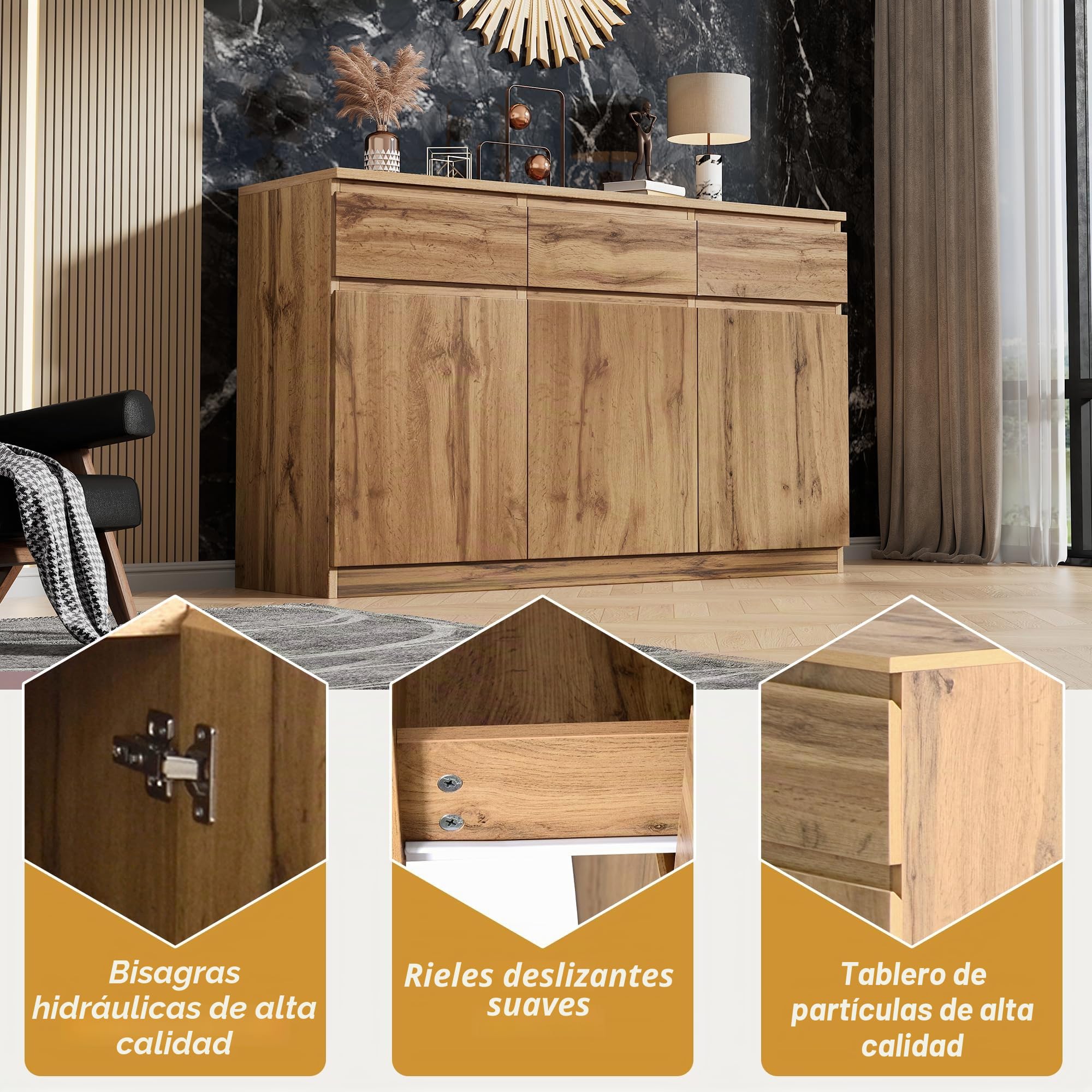 Mueble multifuncional, 135 x 40 x 81 cm, mueble decorativo de madera original, con 3 puertas y 3 cajones, aparador de cocina, cajonera, mueble recibidor