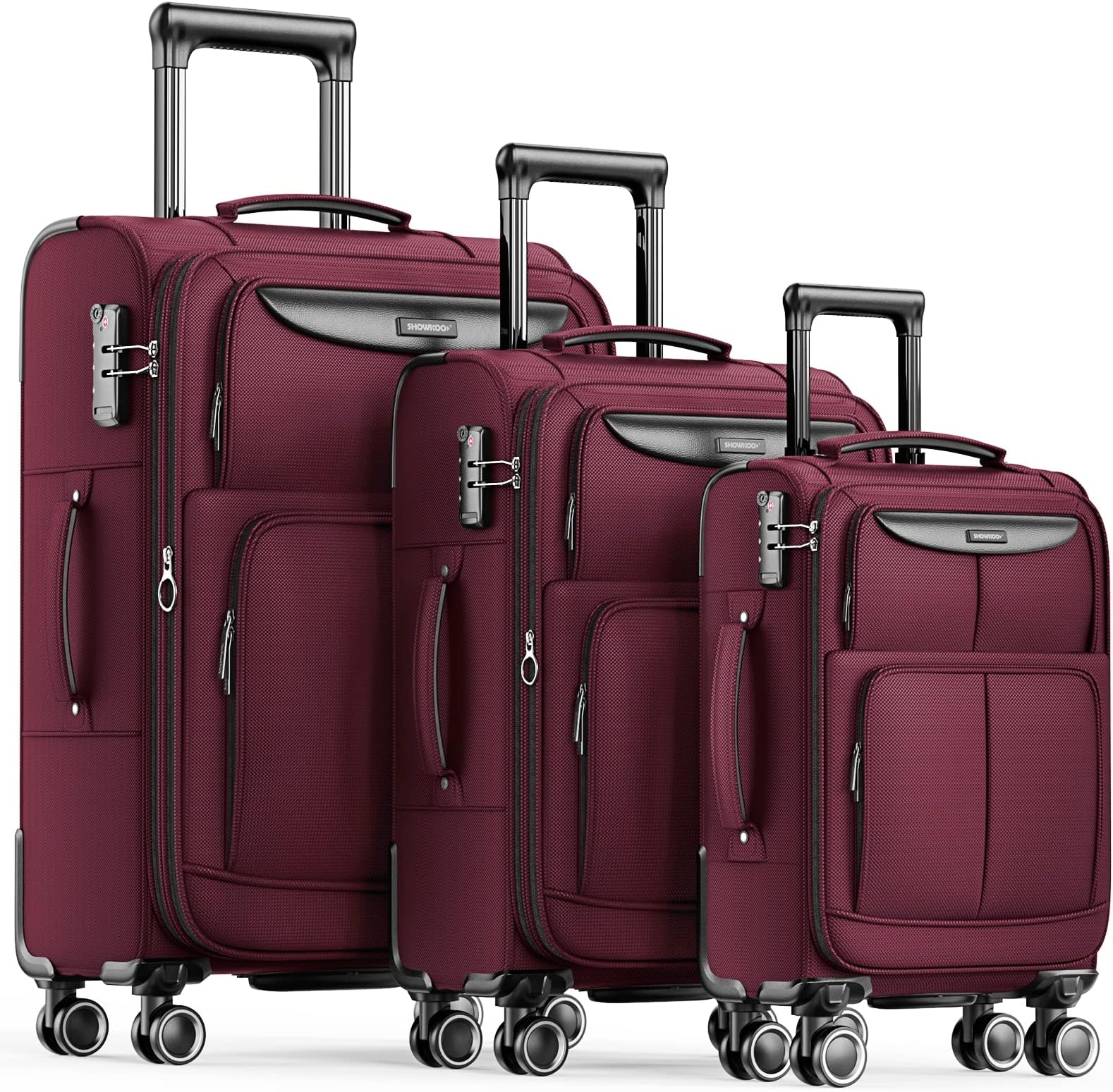 SHOWKOOLuggage Sets 3 Piece Softside Expandable Lightweight Durable Suitcase Sets Double Spinner Wheels Wine Red, 20in/24in/28in