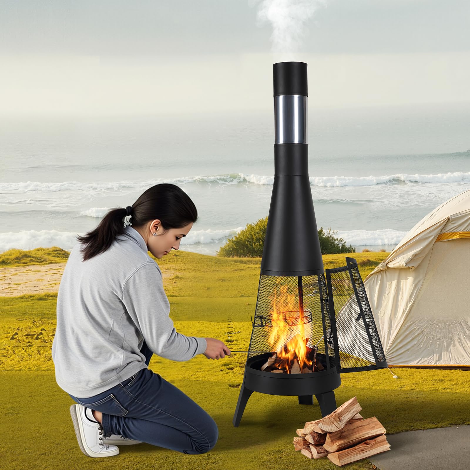 VEVOR Gartenkamin, φ508x1495 mm Terrassenofen, konischer Kamin zum Grillen & Wärmen, Aztekenofen für draußen mit Grillgitter, Kaminmantel & rostfreiem Kamindeckel, für Terrasse, Garten, Hinterhof