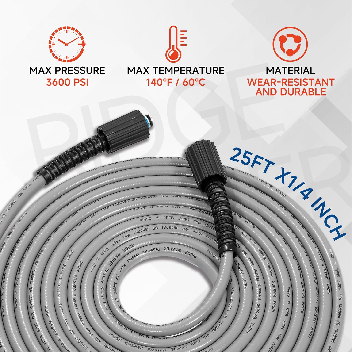 RIDGE WASHER Pressure Washer Hose 25FT, Kink Resistant Hoses Replacement with M22 14 Fitting, 1/4 Inch Power Washer Hose’s Applied for Most Pressure Washer Accessories, 3600 PSI