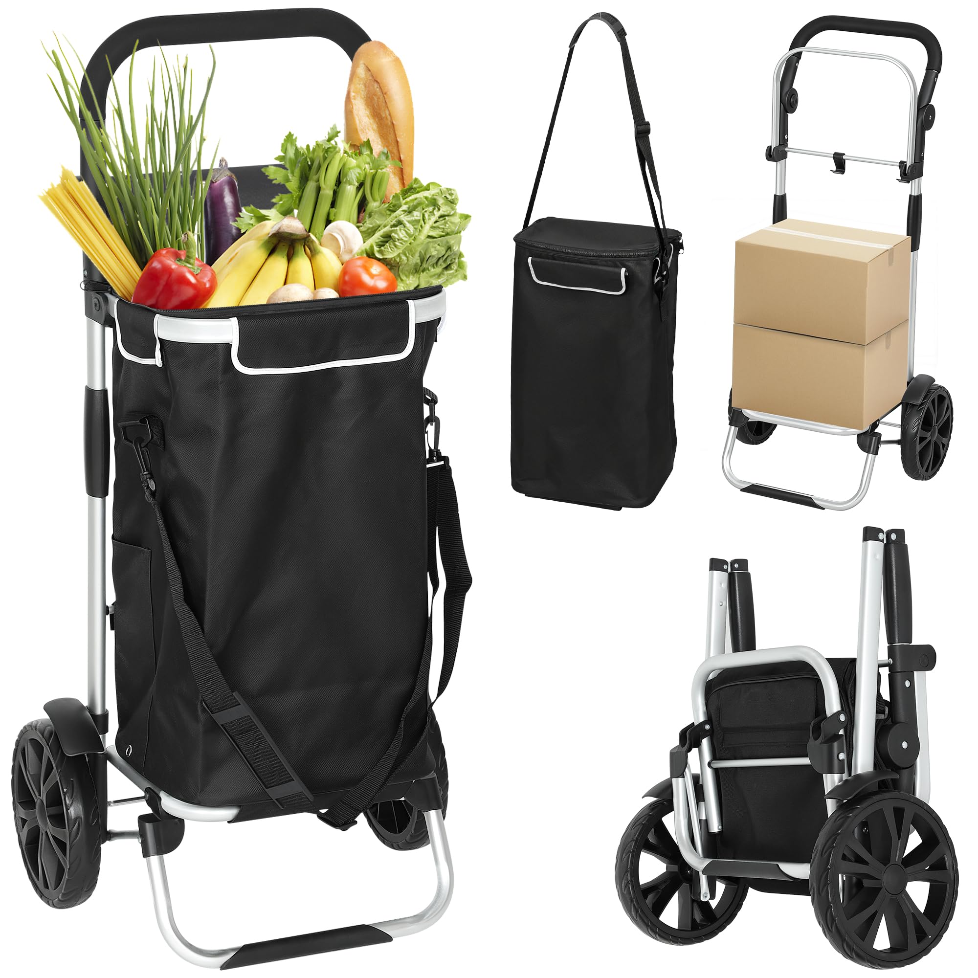HOMCOM Wózek na zakupy 3 w 1, składany, pojemność 40 l, obciążenie do 25 kg, wózek na zakupy z kieszenią chłodzącą, wózek na ramię, do wchodzenia po schodach, czarny