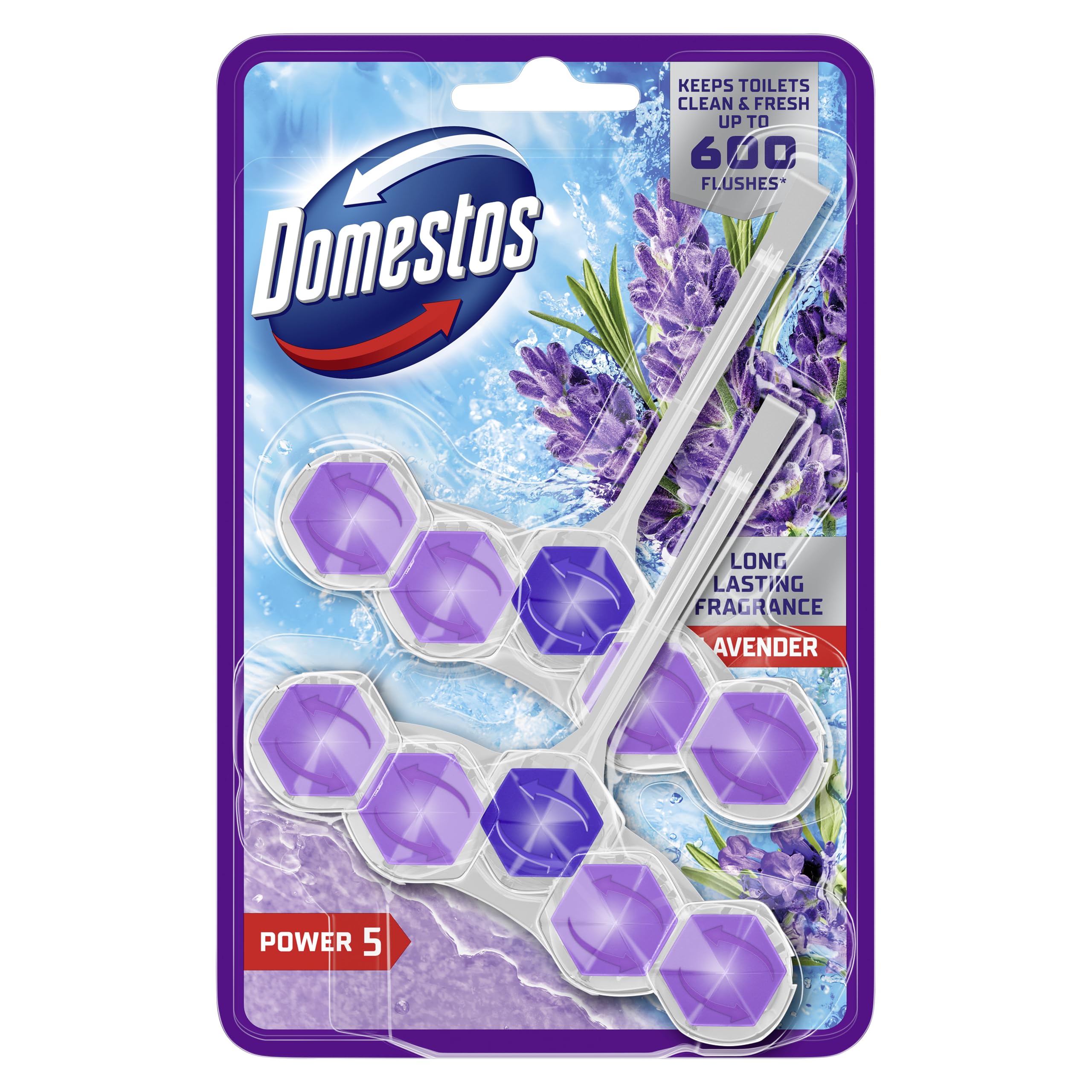 Domestos Power 5 Lavender Toilet Rim Blocks 2x 50 g toilet freshener with a long-lasting fragrance clean and freshen for up to 300 flushes