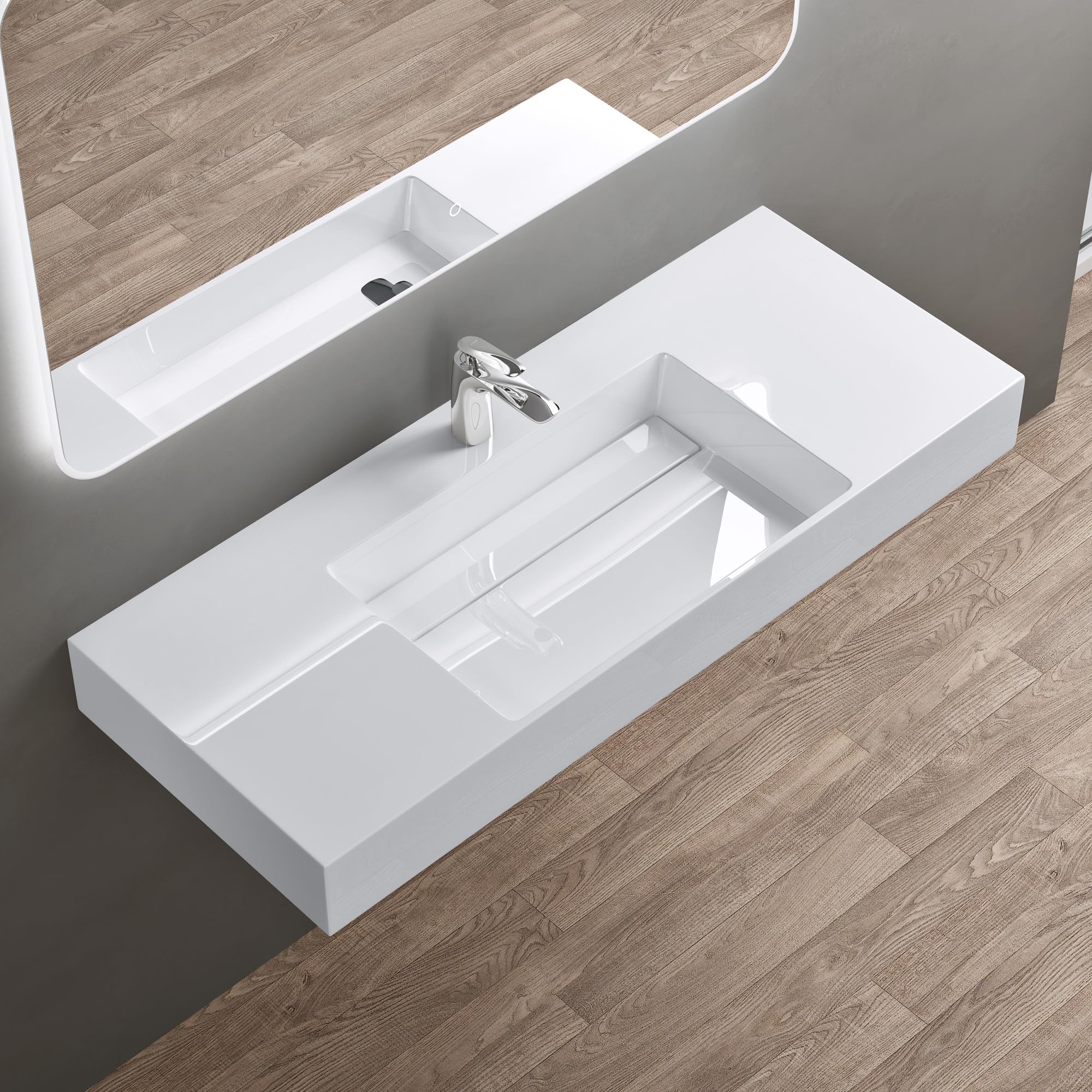 doporro Lavabo Suspendu Blanc 120cm Vasque à Poser Lave Mains Rectangulaire de Qualité pour Salle de Bain 120x48x13cm Colossum12 | Lavabo de salle de bain en marbre résine, couleur blanc, finition brillante, trou pour robinet, montage mural, pose sur pied