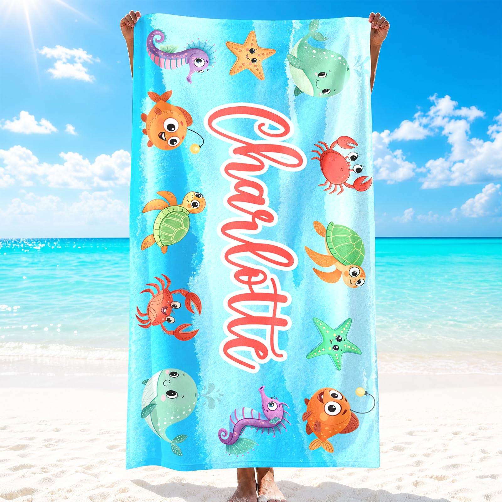 Loosusu Personalised Beach Towels for Kids - Custom Beach Towels with Monogram & Name- Ultra Absorbent Super Soft Swimming Towels for Kids,Customised Bath/Pool/Beach Towel for Boys Girls(Seashore) — image 1