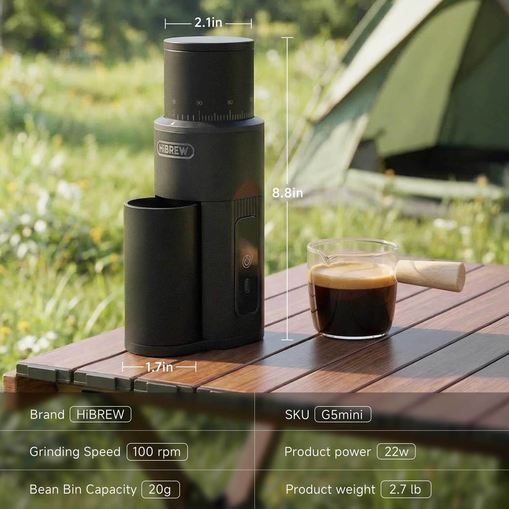 HIBREW G5mini Molinillo de Café Portátil Inalámbrico, Batería 5200 mAh | Carga Tipo‑C, 100 Niveles de Molido, Cónicos de Acero Inoxidable 38 mm, Molinillo Eléctrico para Hogar y Viajes