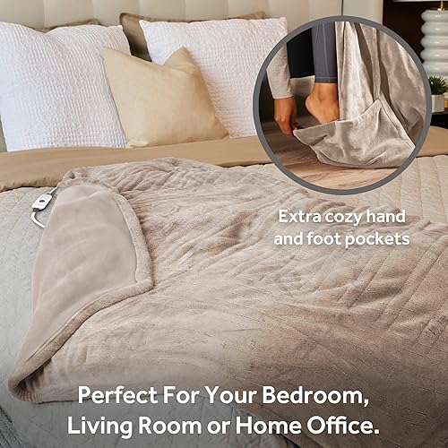 Miniatura 5 de Sunbeam Ultimate Cozy Royal Posh - Manta eléctrica de terciopelo con bolsillo para manos y pies, 50 x 72 pulgadas, 4 ajustes de calor, apagado