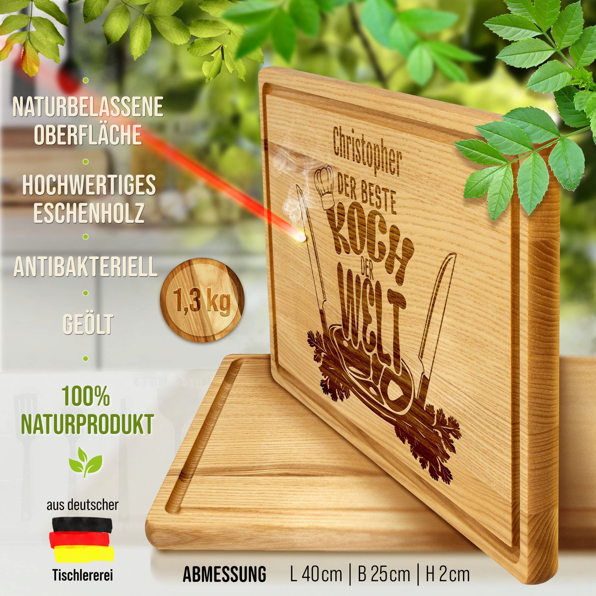 PR Print Royal Großes Holzbrett mit Gravur - Schneidebrett personalisiert - Bester Koch - Geschenke für Hobbyköche zum Geburtstag | Eschenholz, 40 x 25 x 2 cm, personalisiertes Geschenk mit Gravur