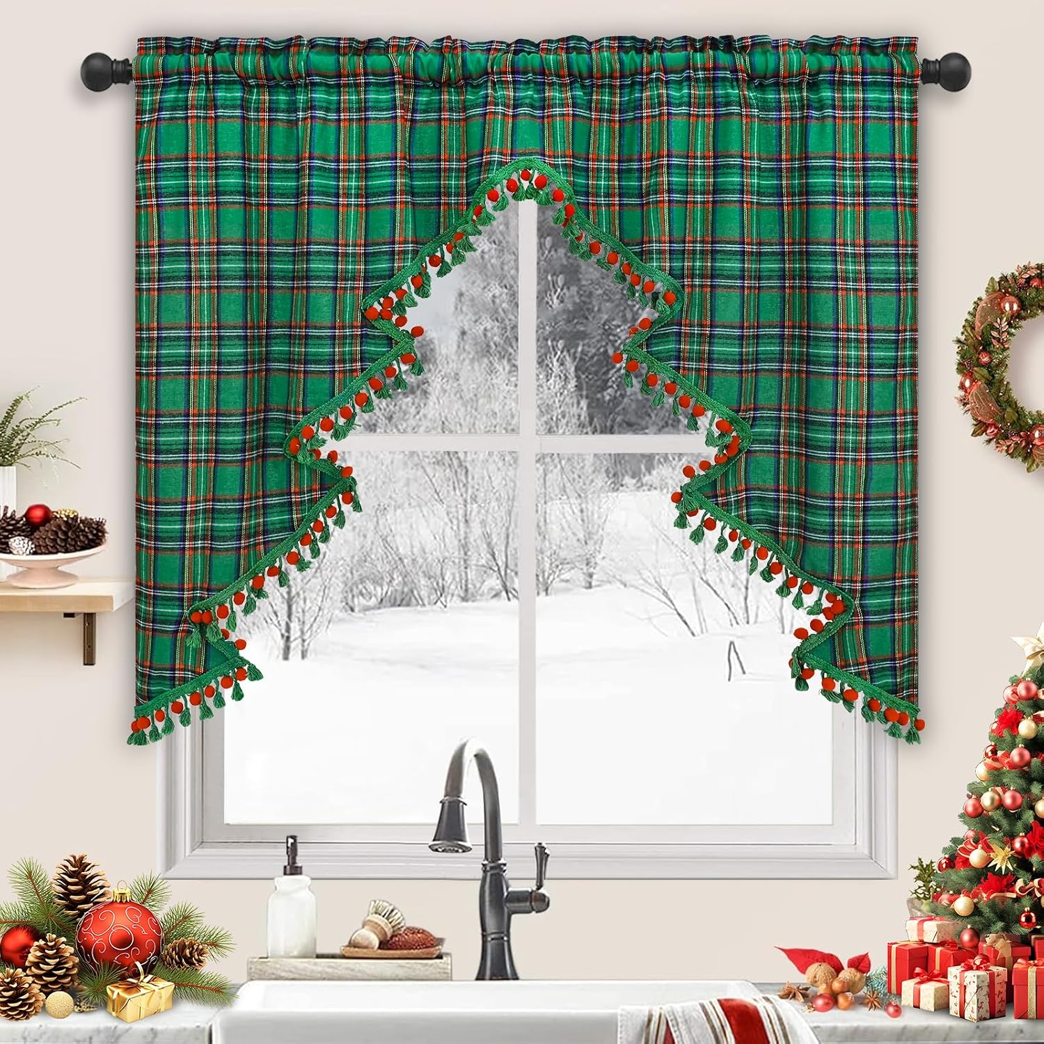 Yinhua Christmas Valance Christmas Tree Valance with Pompom Tassel Green Buffalo Plaid Swag Valances for Windows Rod Pocket Kitchen Curtain 36 Inch Length Window Valances for Kitchen Cafe, 1 Panel