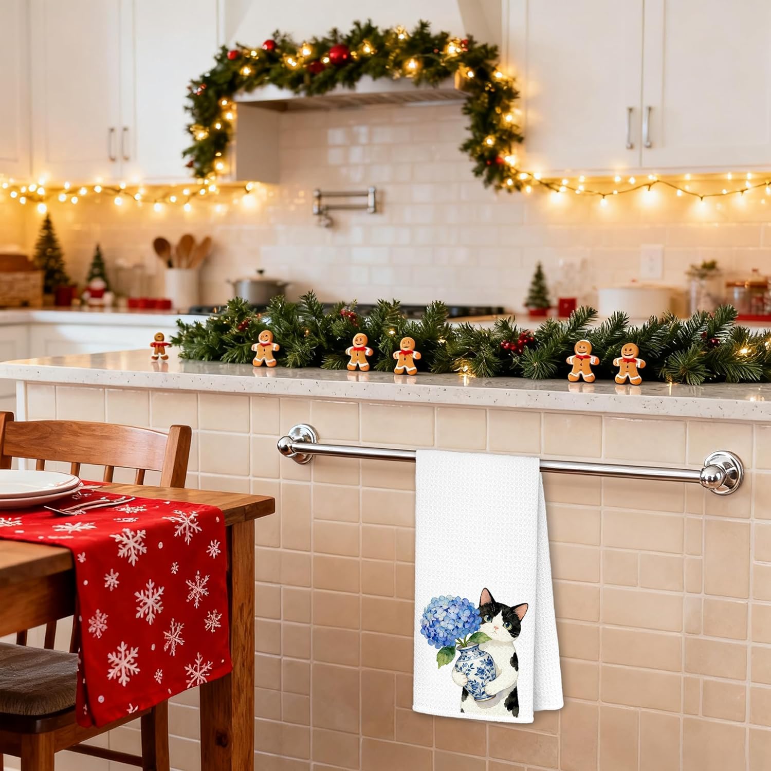 Blue Hydrangea Tuxedo Cat Kitchen Towels, Tuxedo Cat Gifts Dish Tea Towels, Chinoiserie Porcelain Floral Black and White Kitten Kitty Decorative Hand Towel for Bathroom, 16x24 Inches - Image 3