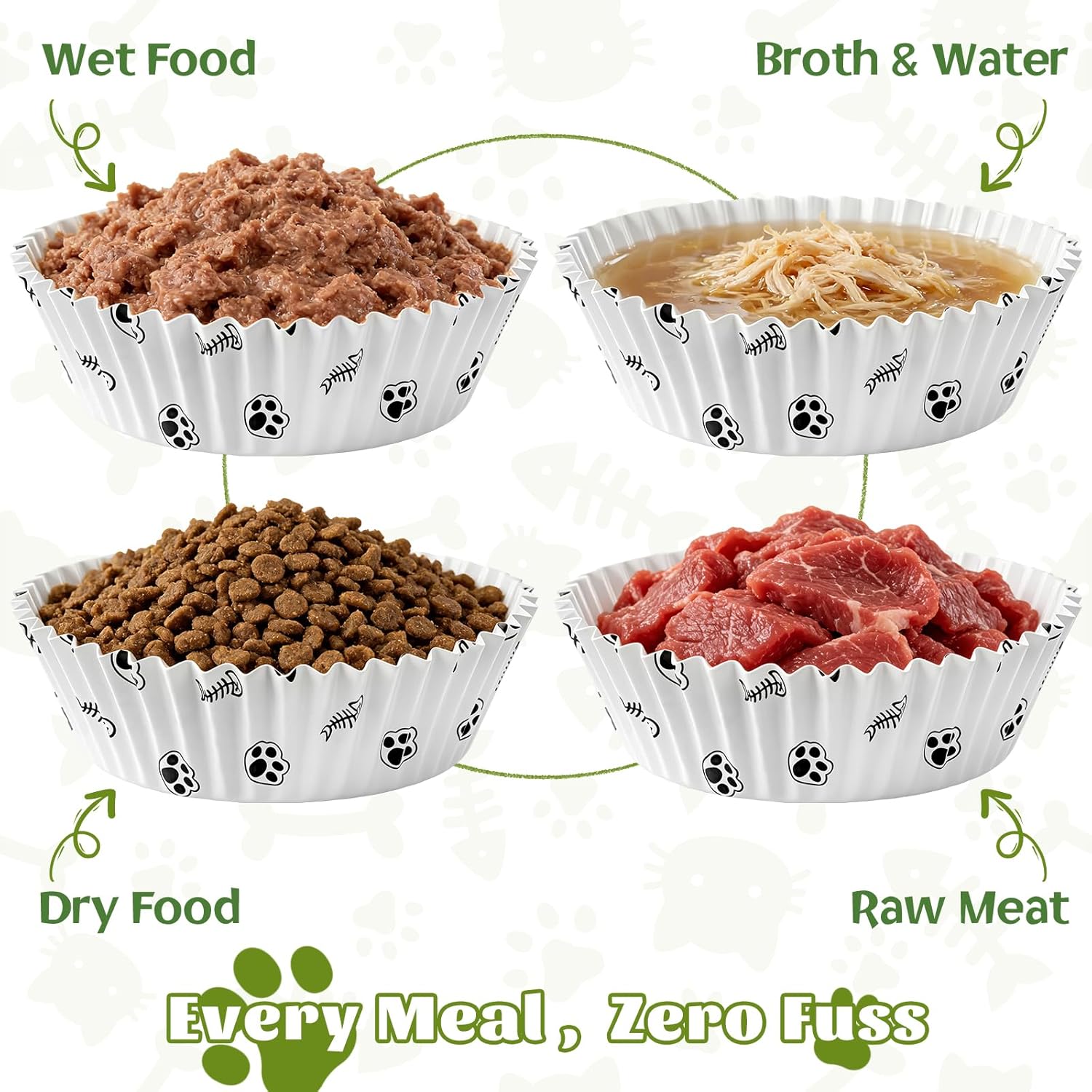 600 Pcs Disposable Pet Bowl Liners with Cute Paw Pattern, Small Paper Dish Pads, Leak-Resistant Meal Inserts for Cats & Small Dogs, Dry or Wet Food, Feral Cat Feeding Station(Paw & Fish Bone Design)