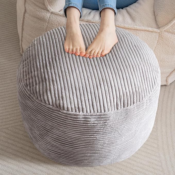HIGOGOGO Round Stuffed Pouf Ottoman, Grey