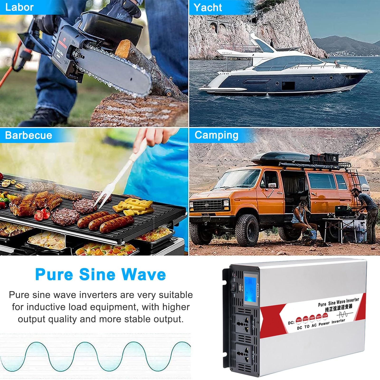 Przetwornica napięcia kempingowego o mocy 8000 W z wyświetlaczem LCD i podwójnymi gniazdami, przetwornica napięcia DC 12 V 24 V 48 V 60 V na AC 110 V 220 V dla domu/kampera,48V to 220V