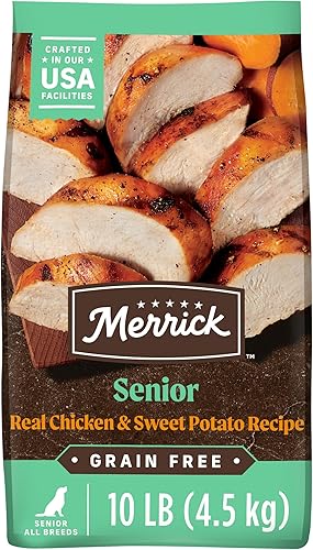 Merrick Alimento seco para perros mayores sin cereales de primera calidad, croquetas saludables y naturales, pollo real y batata - Bolsa de 10.0