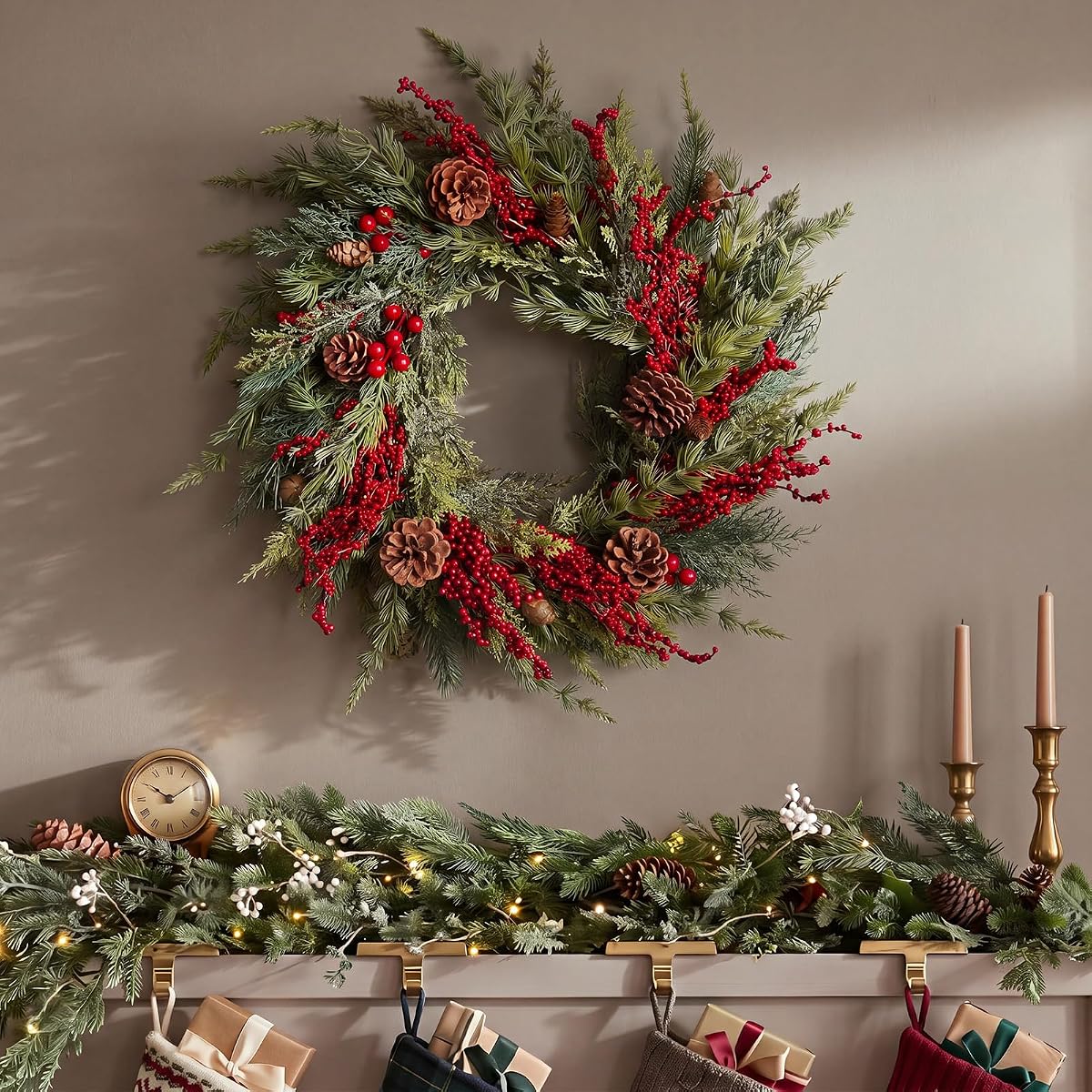 Yinder 22 Inch Christmas Wreath with LED Lights Berry Pinecones | 9.8ft LED String, Artificial Pine Cedar with Pinecones, For Holiday Front Door Porch Wall Fireplace Indoor Outdoor Home Decor