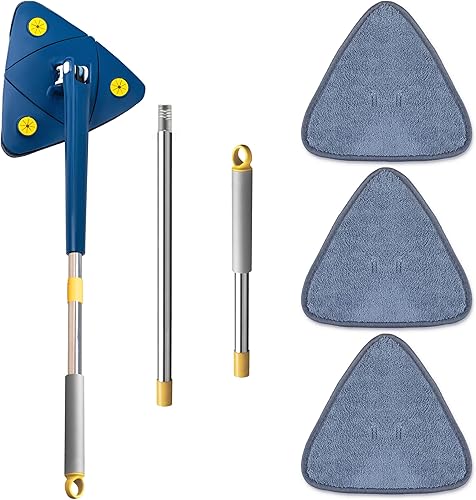 Trapeador triangular con mango largo ajustable de 52 pulgadas, trapeador de limpieza multiusos giratorio de 360 y trapeador limpiador de pared,