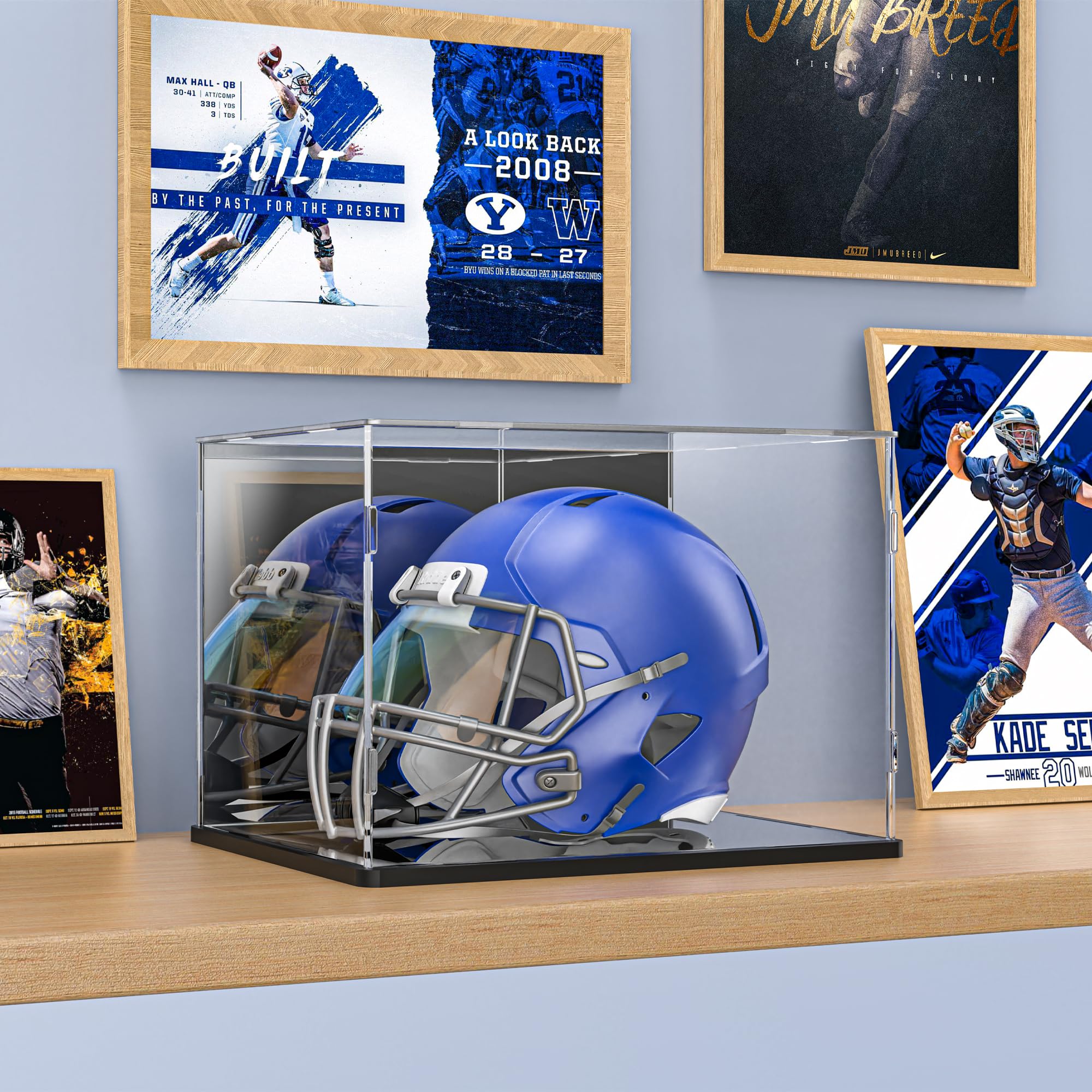 Vitrina acrílica para casco de fútbol, béisbol y motocicleta, caja de exhibición transparente con doble espejo y base negra, vitrina a prueba de polvo para coleccionables de tamaño completo (14.9