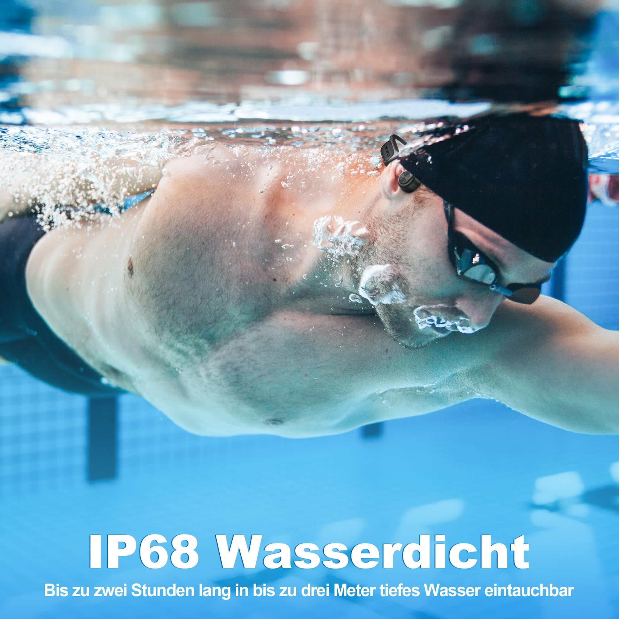 Wantek Knochenschall Kopfhörer Bluetooth 5.3,Open Ear Schwimmen Kopfhörer Eingebaute 32GB Speicher MP3,Kabellos Sport Kopfhörer IP68 Wasserdicht für Läuft Radfahren Trainieren Wandern Schwimmen