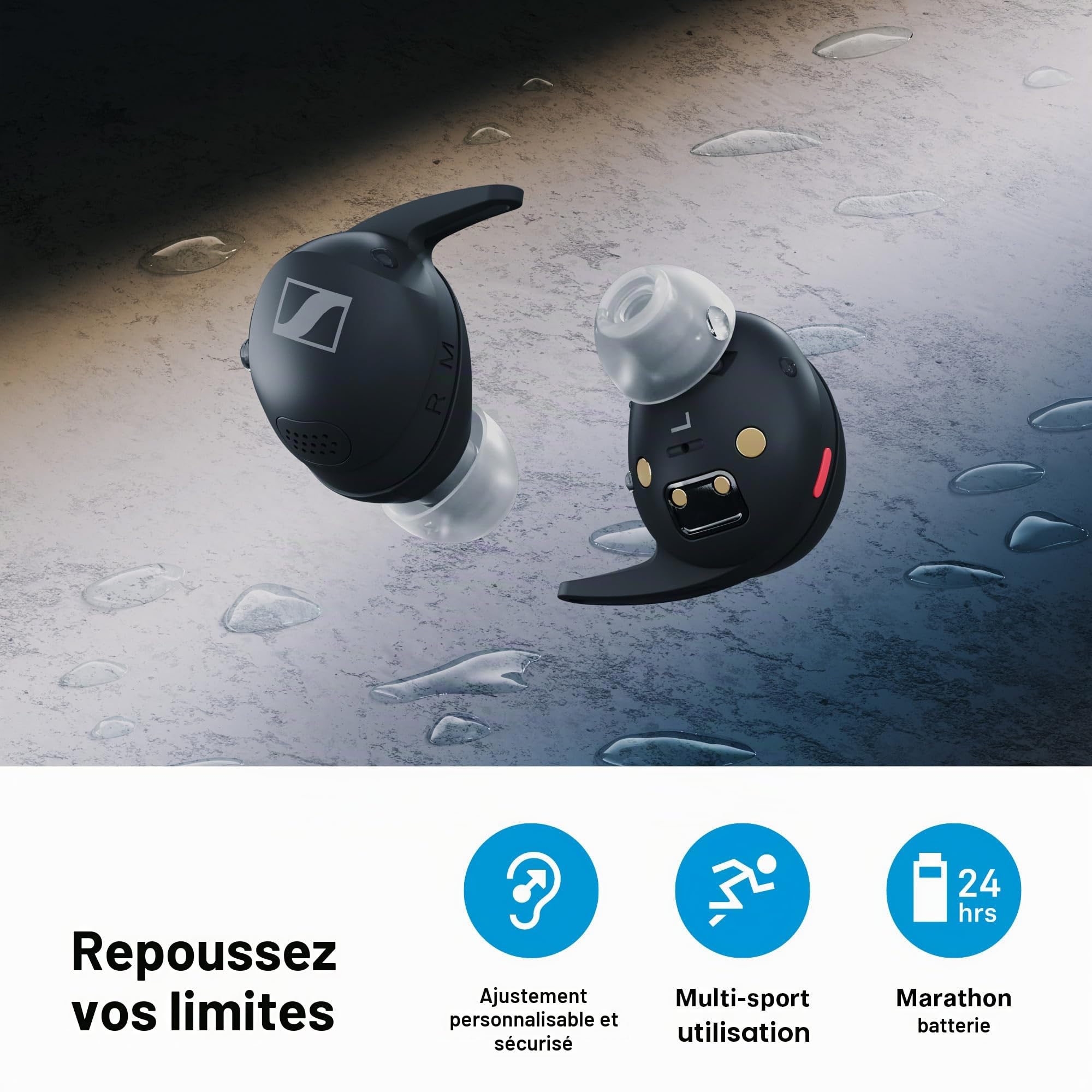 Sennheiser écouteurs Momentum Sport avec Suivi de Fitness pour Rythme Cardiaque et température corporelle - Son Clair avec ANC adaptatif, Maintien sécurisé, durée de Vie de la Batterie 24h - Graphite