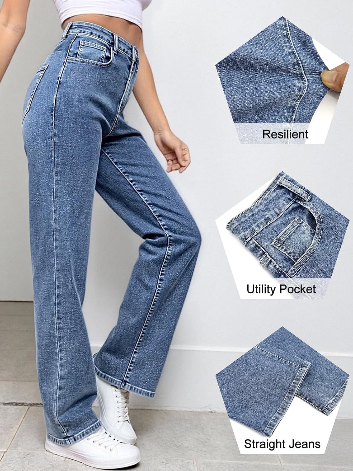 Women's Straight Leg Jeans Tummy Control Trendy High Waisted Stretchy Casual Denim Pants Baggy Trousers - Image 3