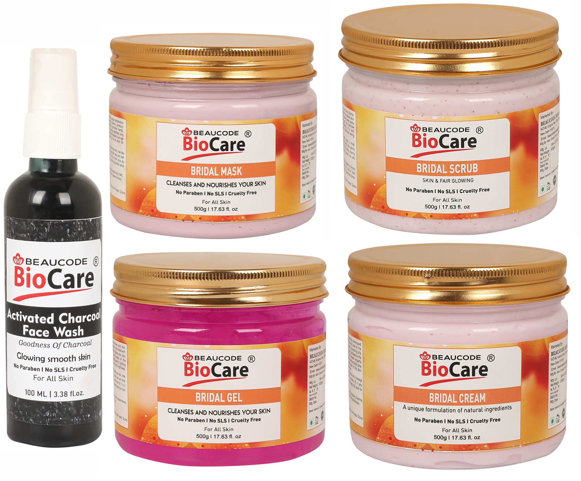 BEAUCODE BioCarePack of-5, Bridal Face and Body Gel & Cream & Mask & Scrub (500g) and Activated Charcoal Face wash (100ml)