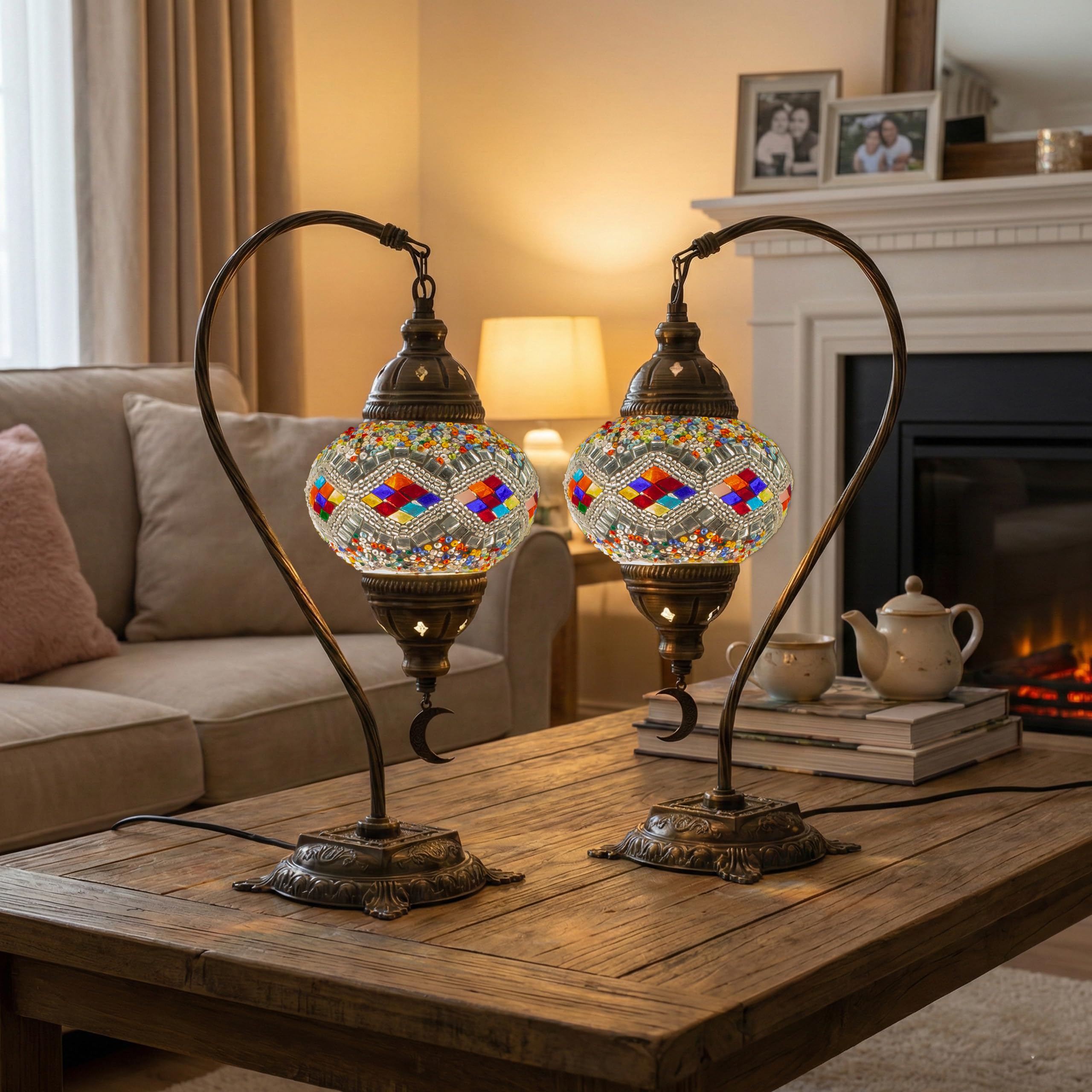2X Turkish Moroccan Mosaic Table Lamp Swan Neck Stained Glass Bedside Light with 3 Color Options LED Bulb (Rainbow)