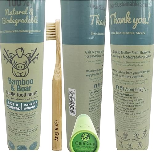 Miniatura 6 de Cepillo de dientes de bambú de cerdas naturales para niños (sin nailon, solo pelo de jabalí), cepillos de dientes de bambú y cerdas de jabalí