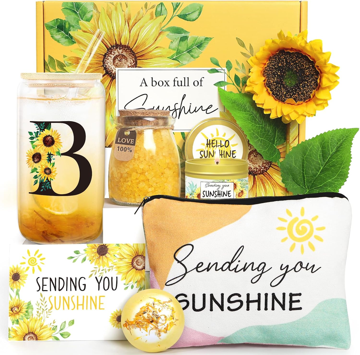 Sunflower Initial Gifts, Get Well Soon Gifts, Self Care Spa Birthday Gifts for Women Monogrammed Gifts, Sunshine Gift Baskets, Personalized Gifts, B