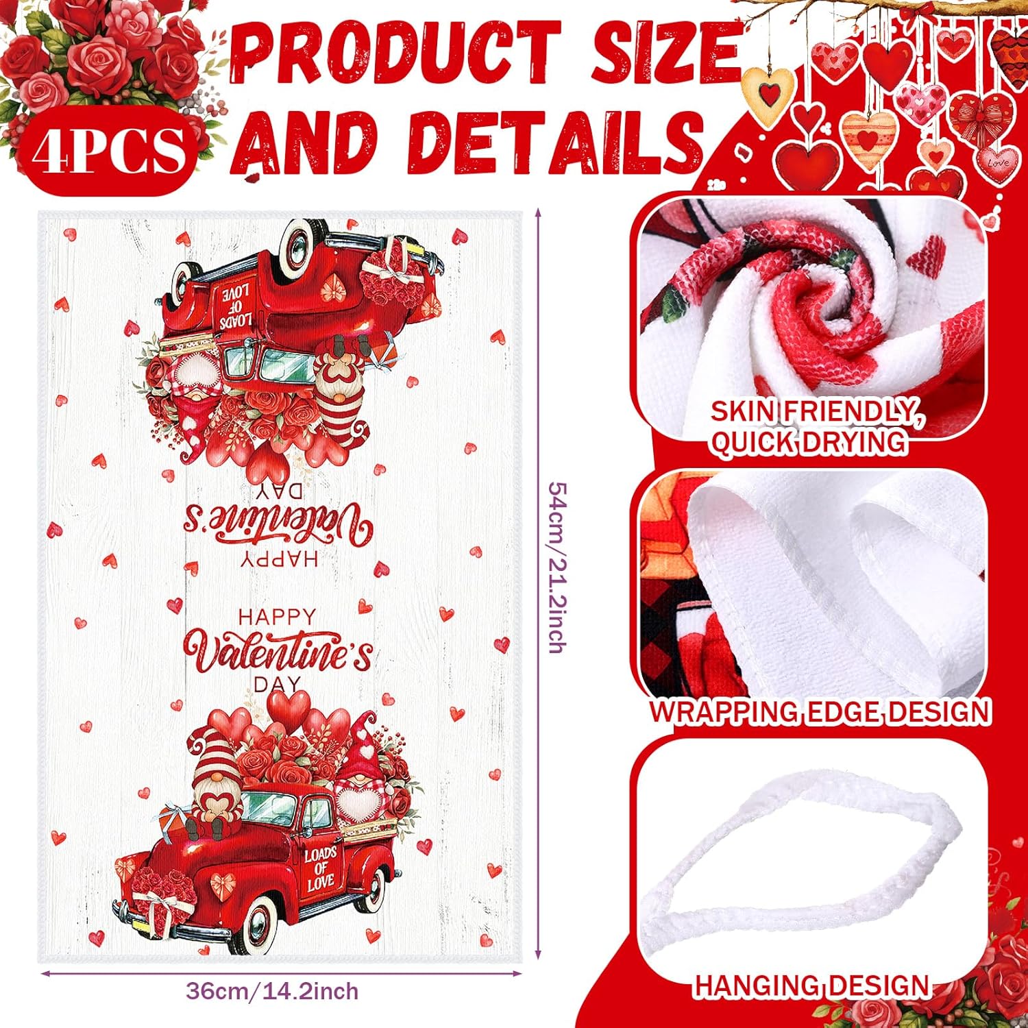 12 Pcs Valentines Day Kitchen Towels Pot Holders and Oven Mitts Set 4 Sweet Heart Gnomes Dish Towels 4 Love Oven Mitts 4 Romantic Red Rose Potholders for Xmas Dish Baking Decorative - Image 2