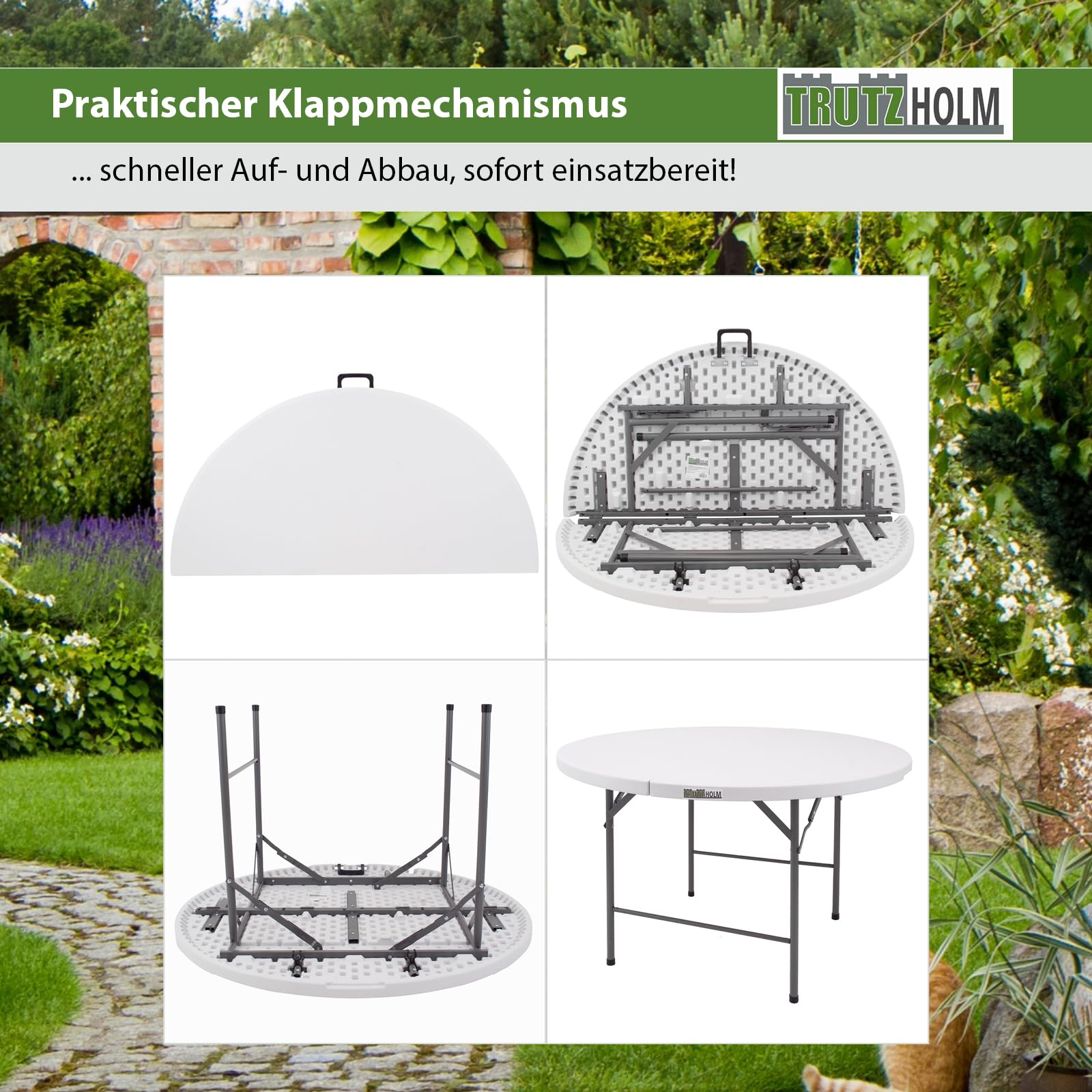 TRUTZHOLM Campingset Klapptisch rund Ø 120 cm mit 4 Klappstühlen in weiß aus Kunststoff/Stahl Reisetisch mit Tragegriff