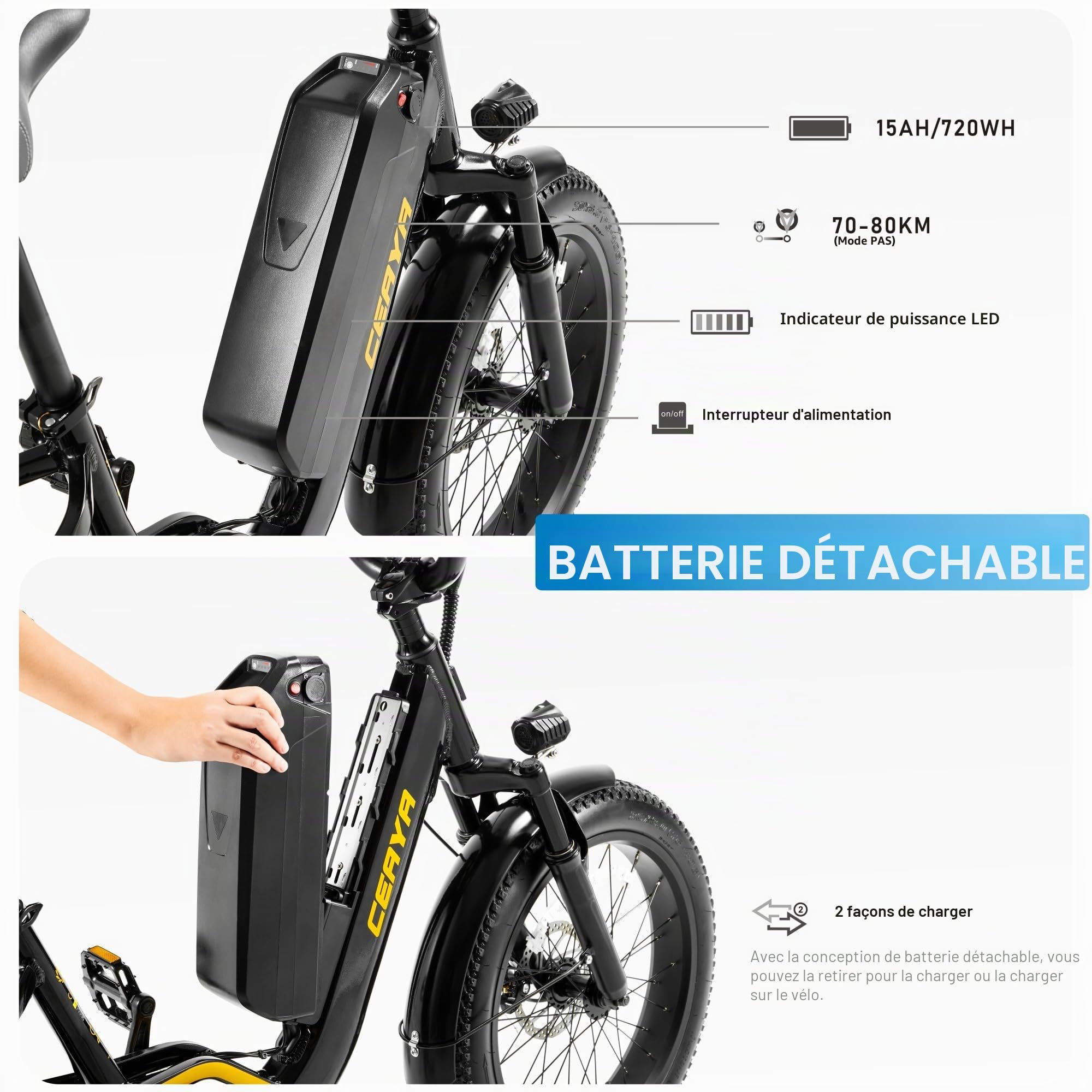 Vélo électrique pour Homme Femme 20" × 3.0 Fat Bike Electrique Ebike 7 Vitesses,avec Batterie Amovible 48V15Ah Autonomie 40-80km…