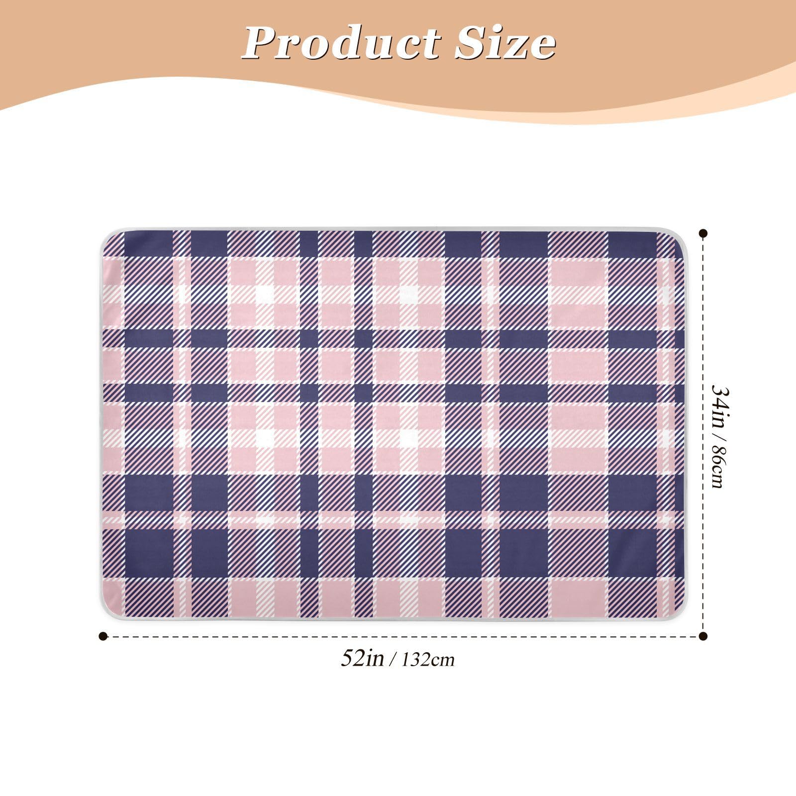 Cute Pink Plaid Navy Waterproof Mattress Pad, Large, Waterproof Incontinence Pads for Bed, Washable Underpads for Adults