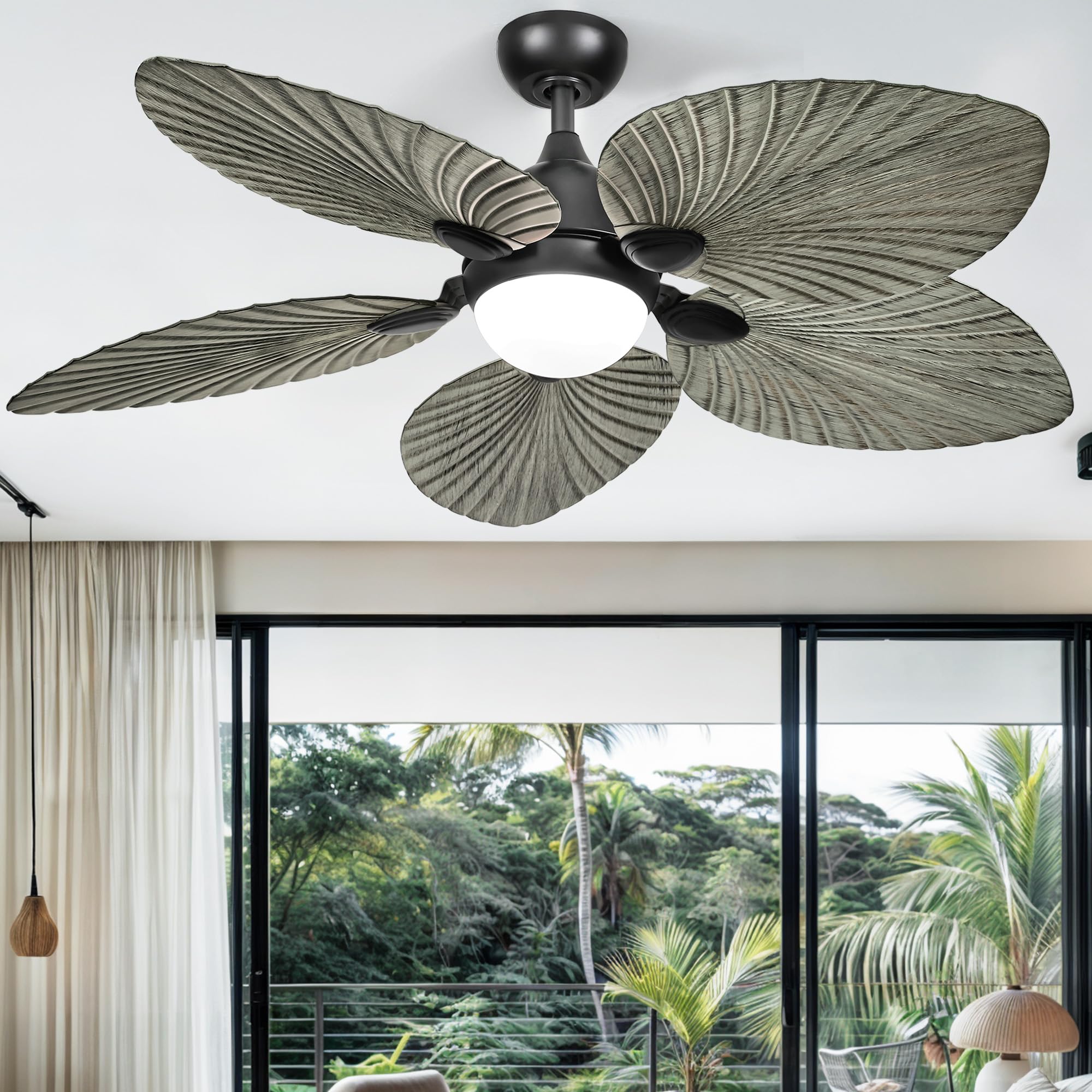SIMILAR TO Four Bladed Ceiling Fan with Lights, Tropical Ceiling Fan with Lights and remote, LED Tri-Color Temperature, Reversible 6 Speeds w/Quiet DC Motor for Living Room, Dining Room, Bedroom