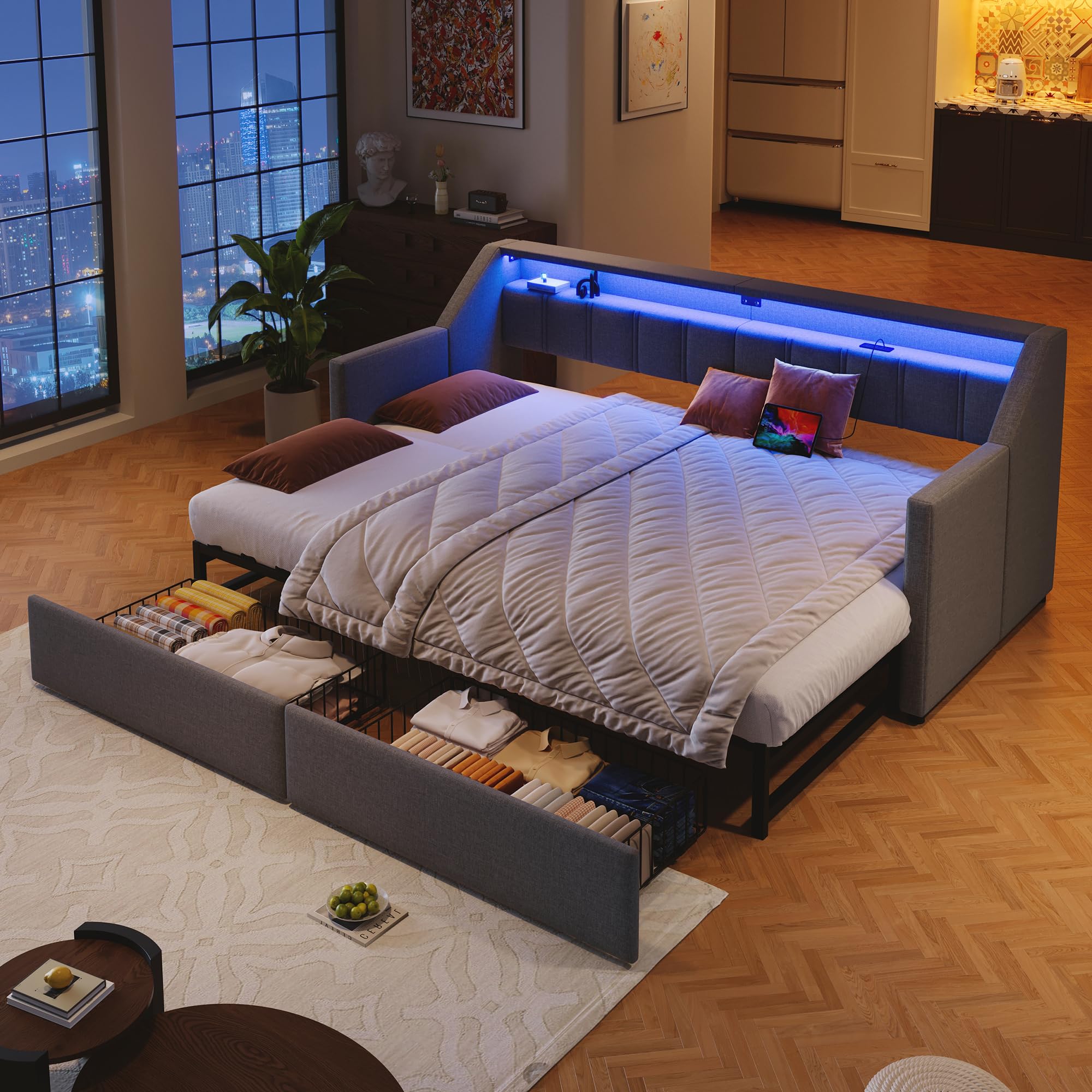 Daybett, Tagesbett, Schlafsofa, 90x200cm/180x200cm, Mit USB und Type-C, LED-Leiste mit Fernbedienung, Mit 2 Schubladen, Stauraumtaschen, Multifunktionales Ausziehbett, Ohne Matratze, Grau