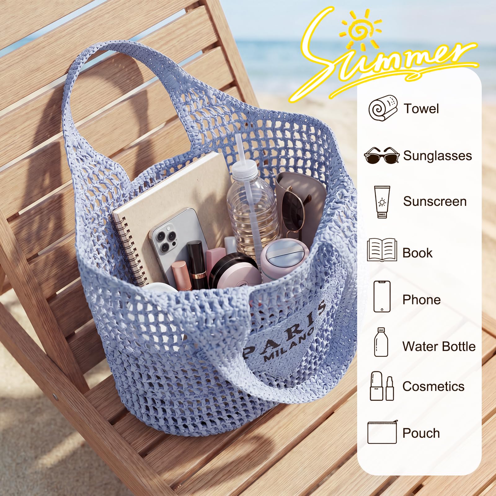 POOOPSSD Bolsa tejida de malla de paja, bolsa de playa, bolsa de hombro, Hobo para mujer, plegable, gran capacidad, para vacaciones.