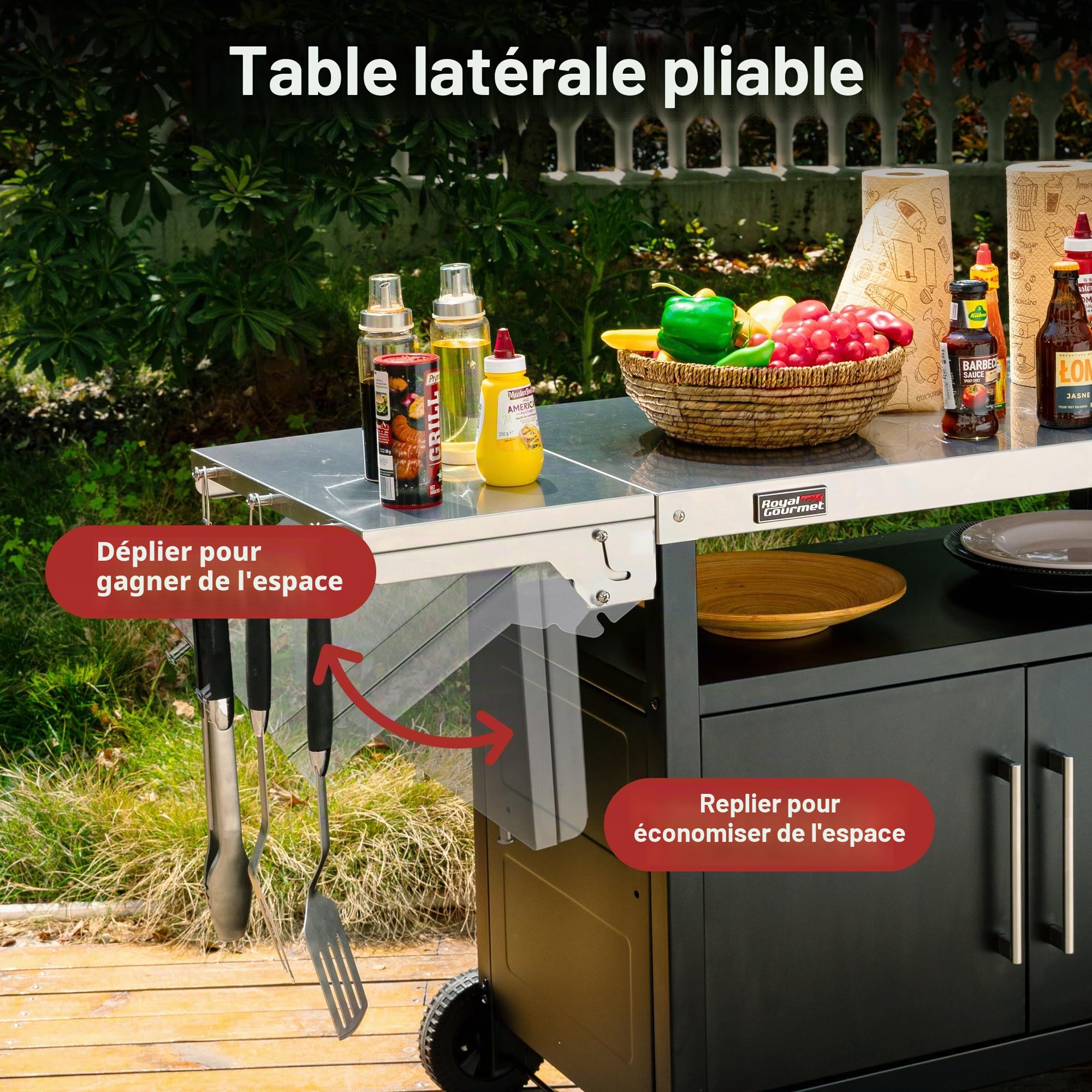 Royal Gourmet Chariot de Barbecue avec Table latérale Pliable avec poignée pour Serviette, Meuble Bas, Chariot de Barbecue avec Plateau de Table en Acier Inoxydable, Chariot de Service avec roulettes