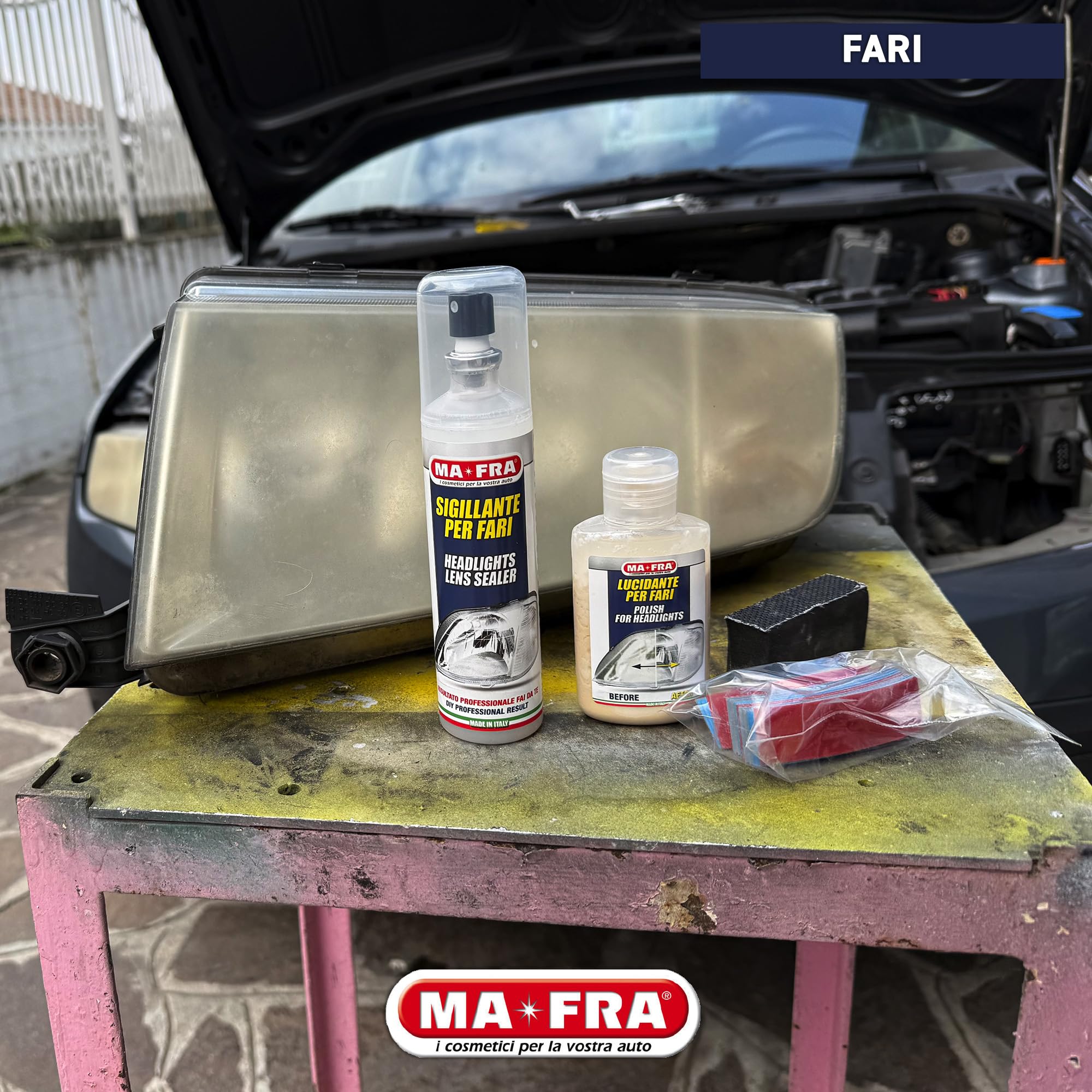 Ma-Fra Kit Regénera Fari, Composto da 16 Carte Abrasive, Polish Lucidante e Sigillante Spray, Ripristina Aspetto Originale dei Fanali Auto e Migliora l'Efficacia delle Luci, Rimuove Effetto Opaco