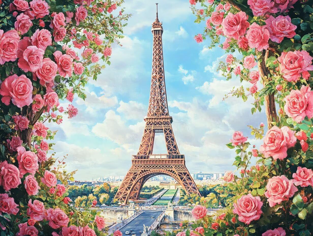 Pintura por Números Adultos París Torre de Hierro 60x80 cm con Pinceles Kit DIY 8