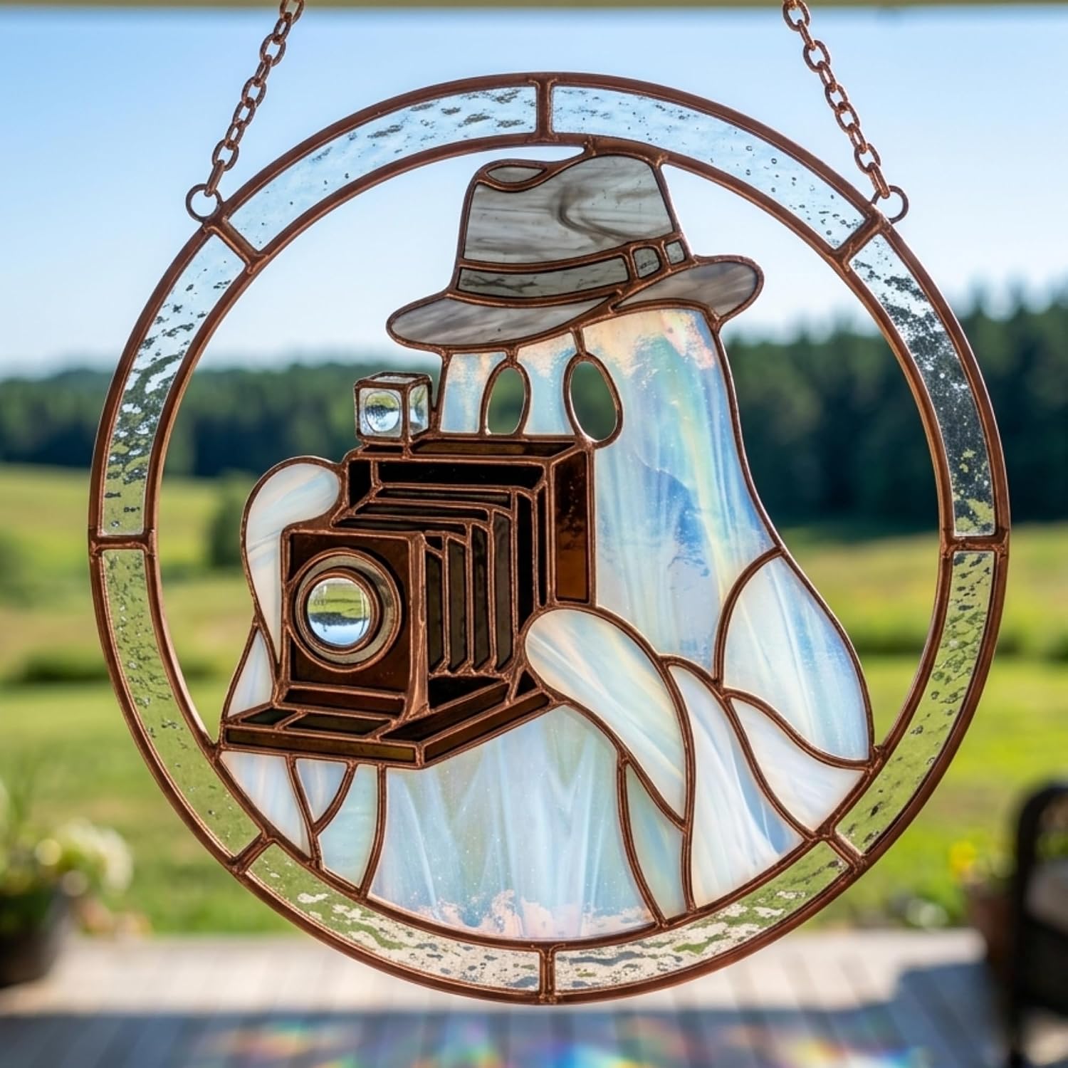 Ghost Photographer Camera Acrylic Suncatcher - Stained Glass Style Acrylic Suncatcher Halloween Spooky Vintage Gift for Dad Mom Photography Lover