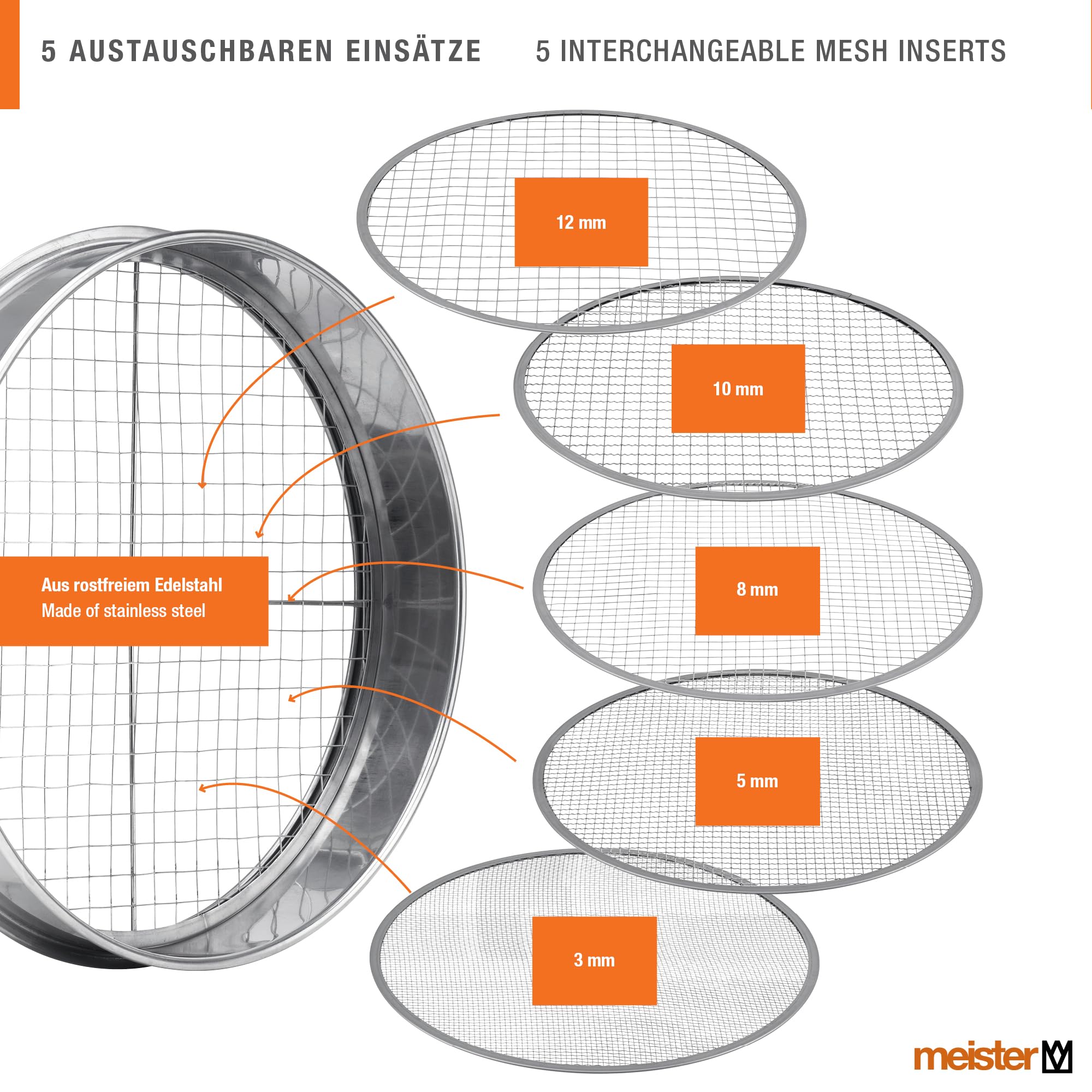 Meister Kompostsieb 5 in 1 – Gartensieb aus Edelstahl Ø 30 cm – 5 austauschbare Siebeinsätze in verschiedenen Korngrößen für Erde & Sand