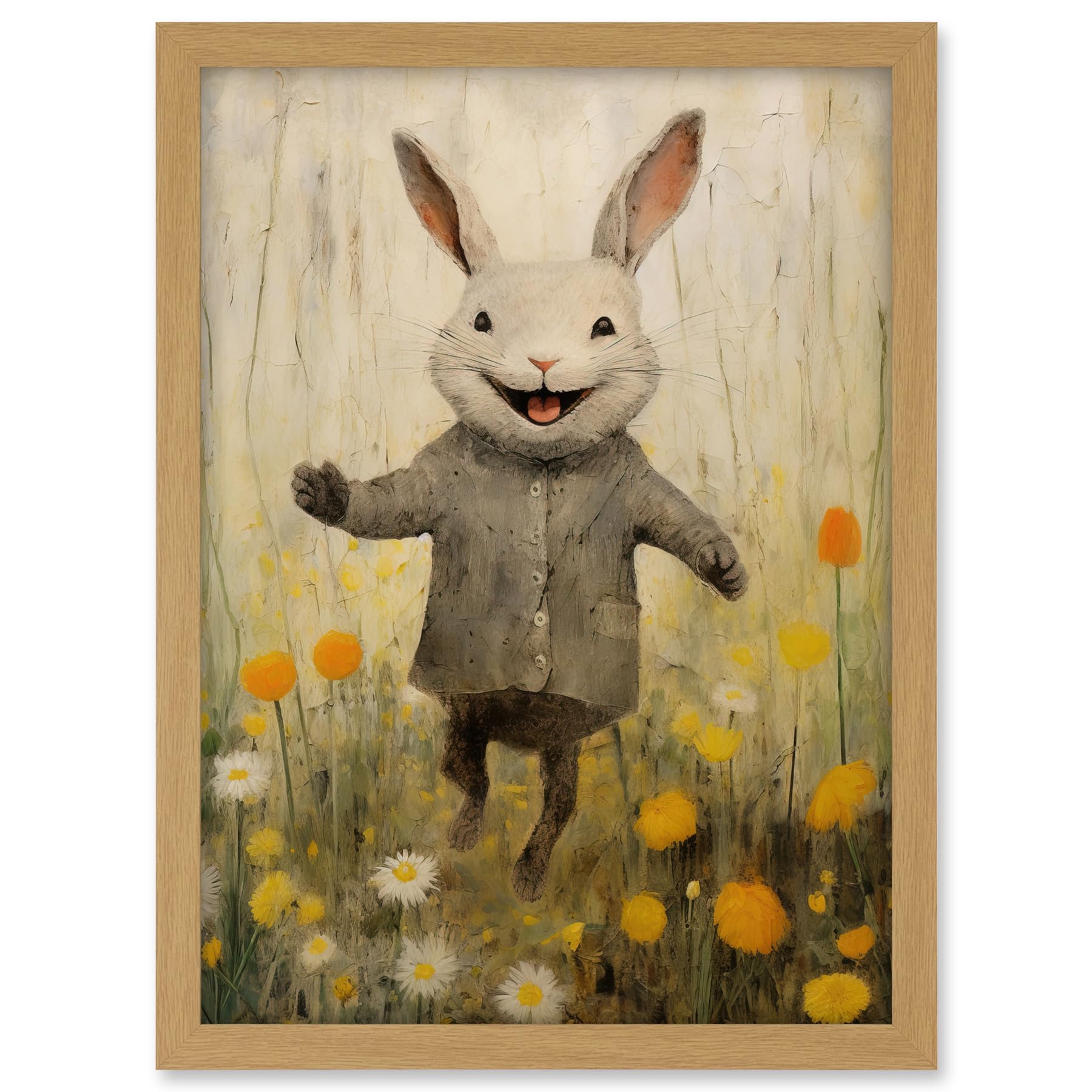 Artery8 Raincoat Rabbit Happy Bunny Flower Meadow Kids Girls Bedroom Nursery Artwork Framed A3 Wall Art Print