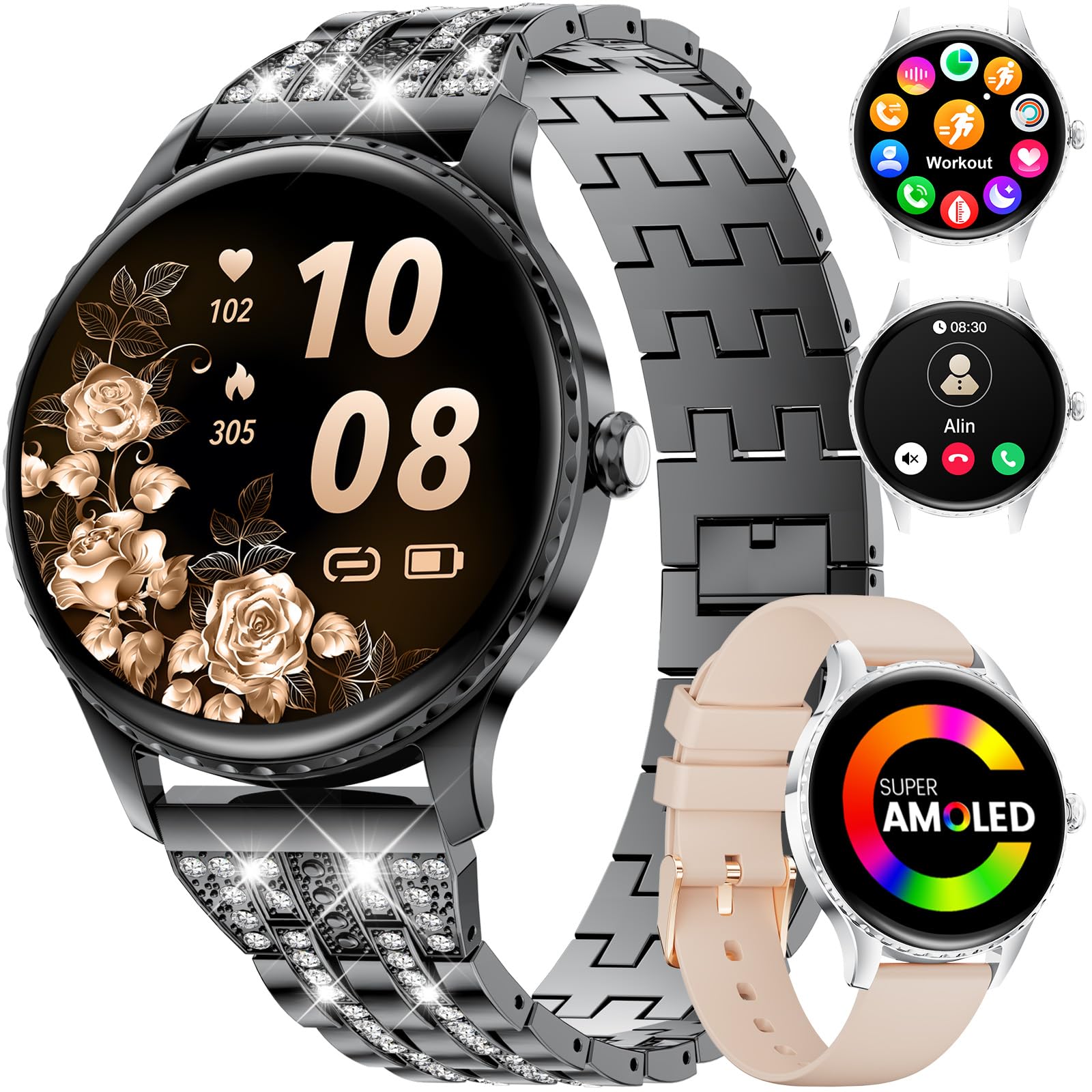 FitVigor Smartwatch Damen - Luxus-Metallarmband mit Strass/1.32