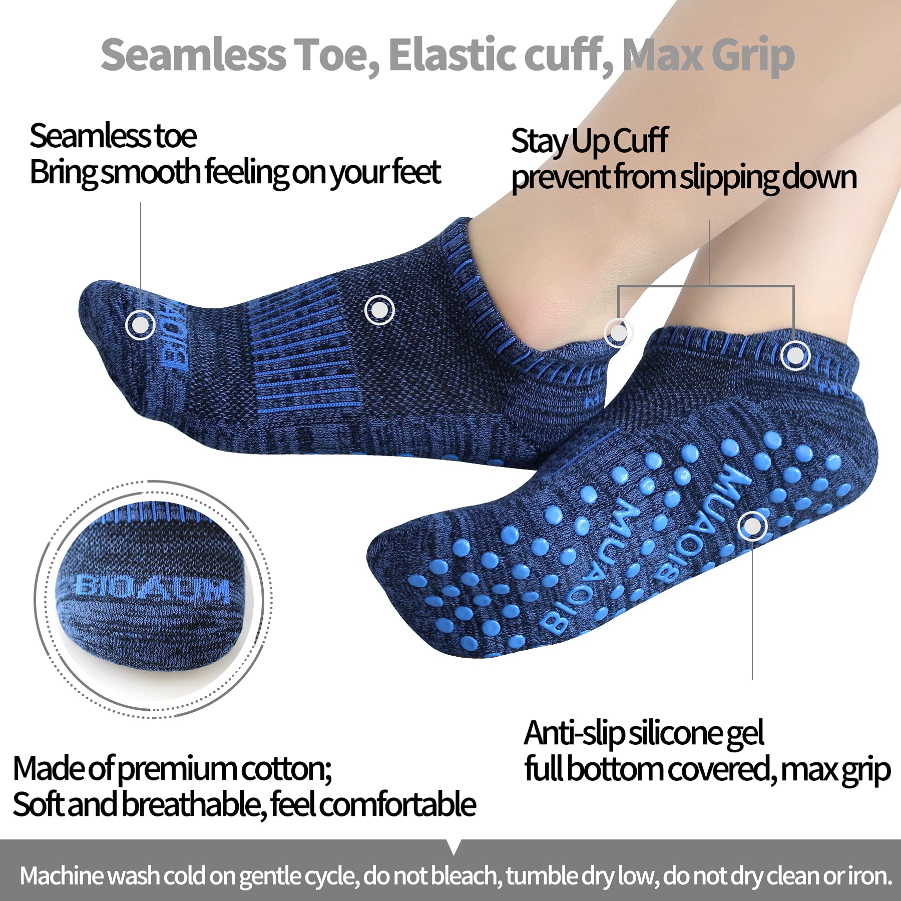 BIOAUM Calcetines de yoga para mujer, 6 pares de calcetines de algodón con agarre antideslizante, para pilates y hospitales