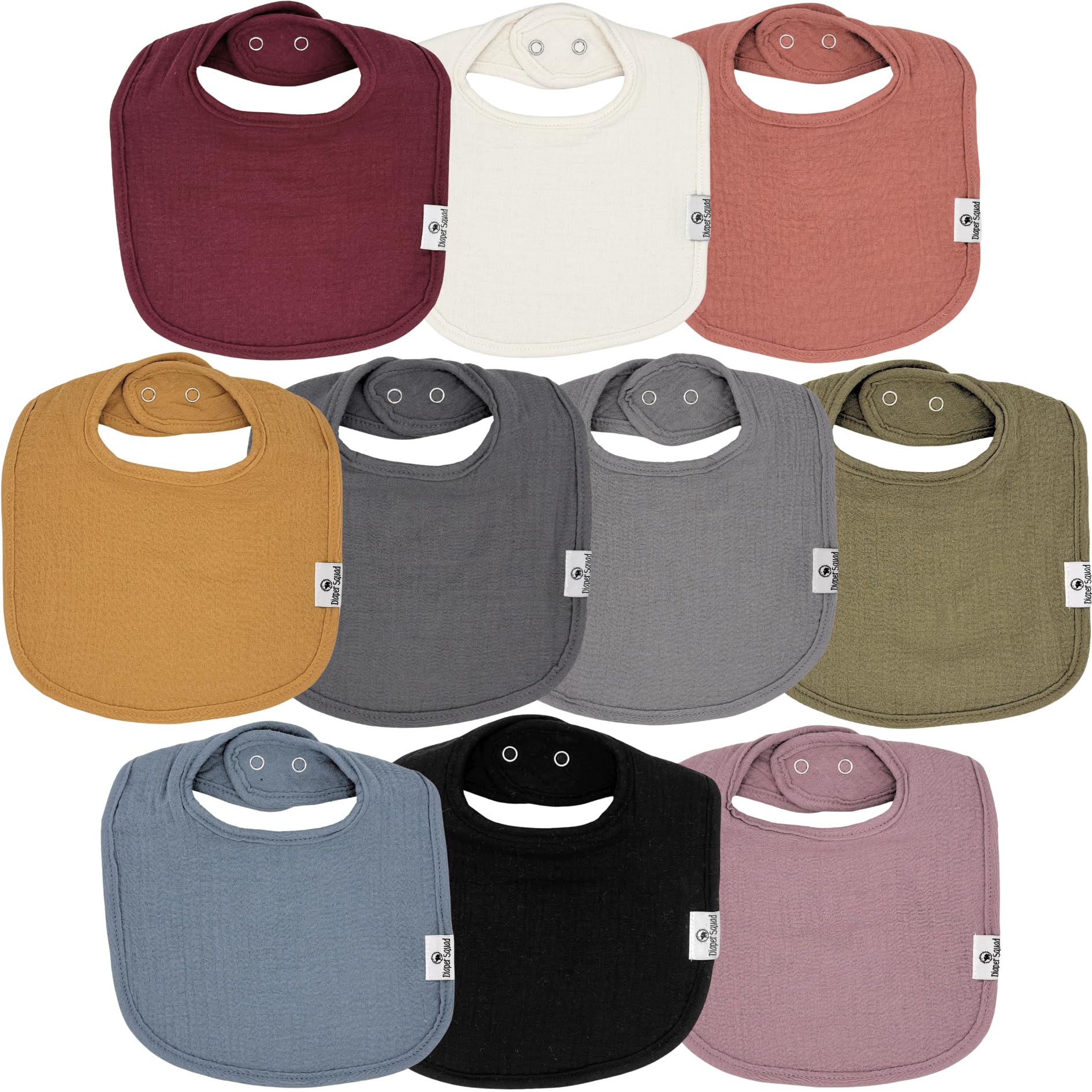 DiaperSquad's 10-Pack Baby Bibs for Drooling and Teething, Bibs for Boys, Baby Girl - Solid Cotton Baby Drool Bibs (Earthy Color Traditional - 100% Muslin)