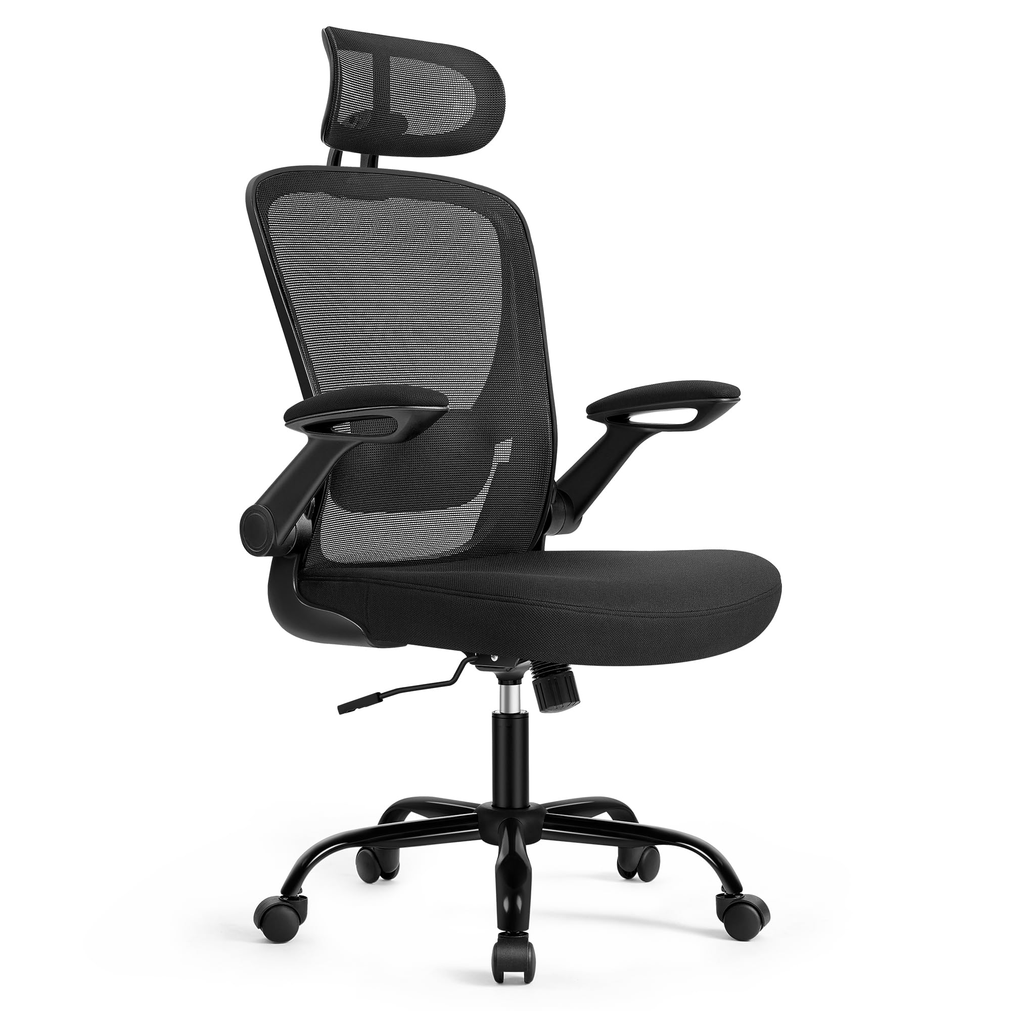 SONGMICS Silla de Oficina, Silla de Escritorio de Malla, Silla Giratoria Ergonómica, Soporte Lumbar, Oscilante, Asiento de 53 cm, Apoyabrazos Abatibles, Reposacabezas, Negro Tinta OBN047B01