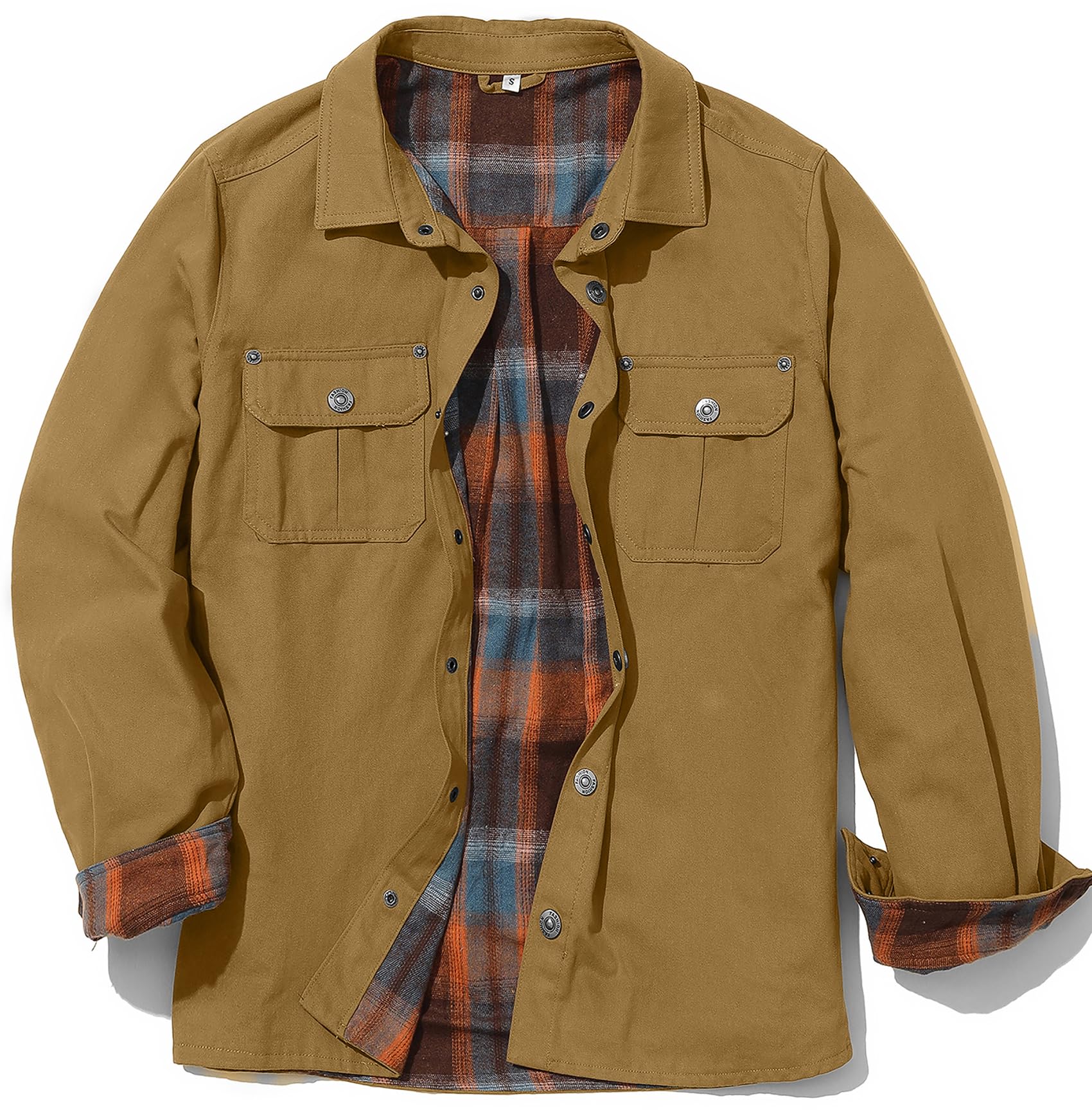 PEGENO Men Shirt Jackets Long Sleeved Casual Button Down Coat Flannel Plaid Lined Shacket